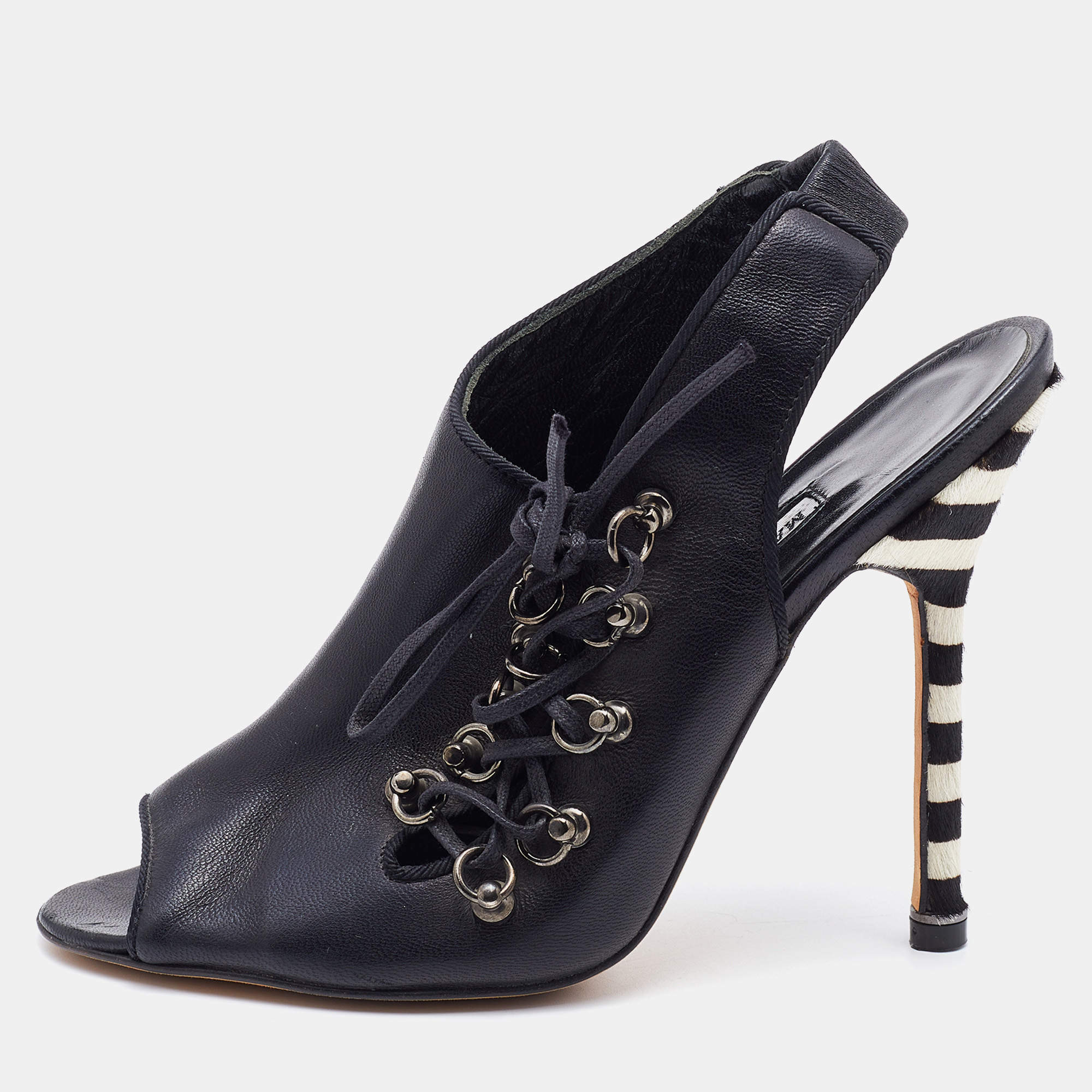 Pre Owned Manolo Blahnik Black Leather Lace Slingback Sandals Size 37