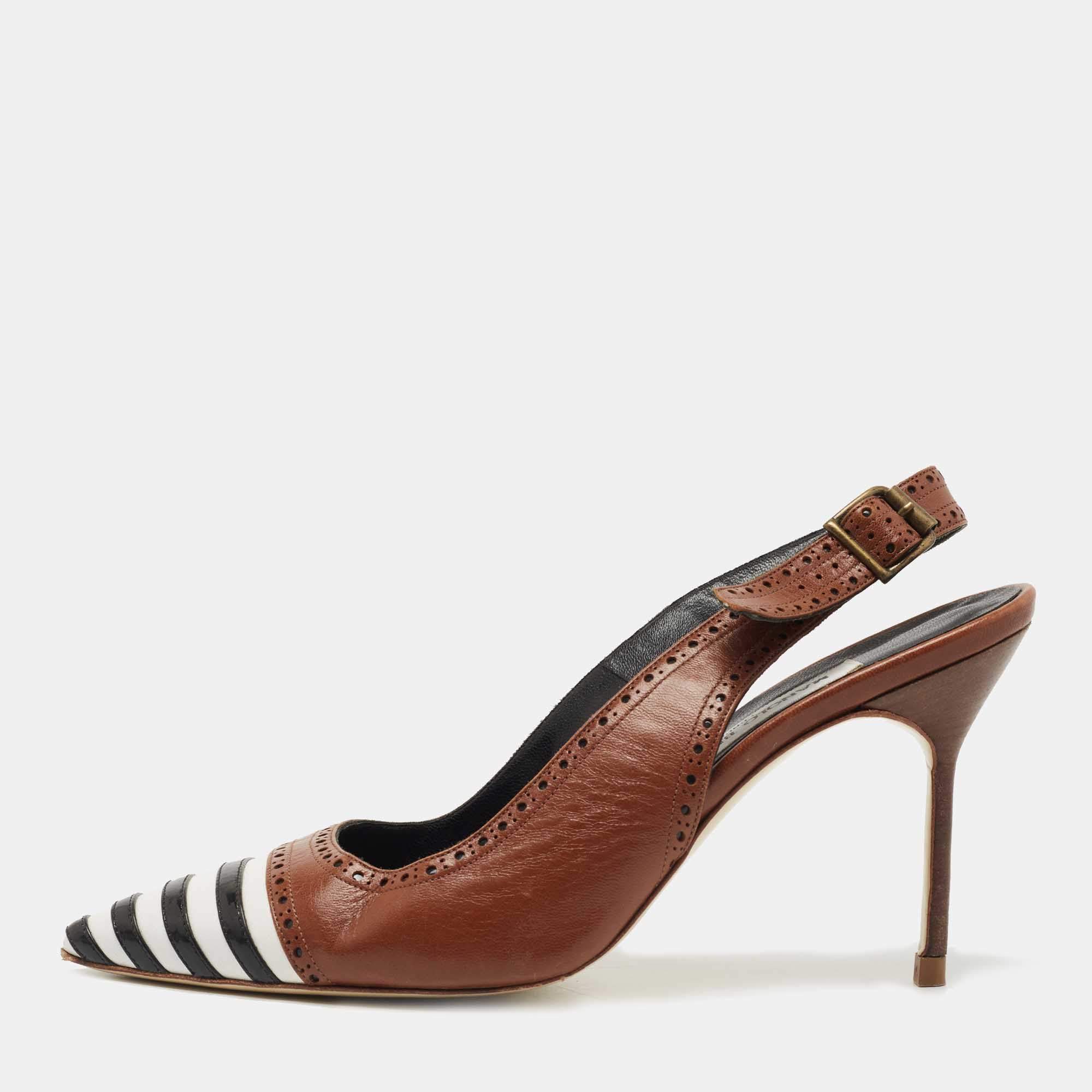 Pre Owned Manolo Blahnik Tricolor Leather Slingback Pumps Size 37.5
