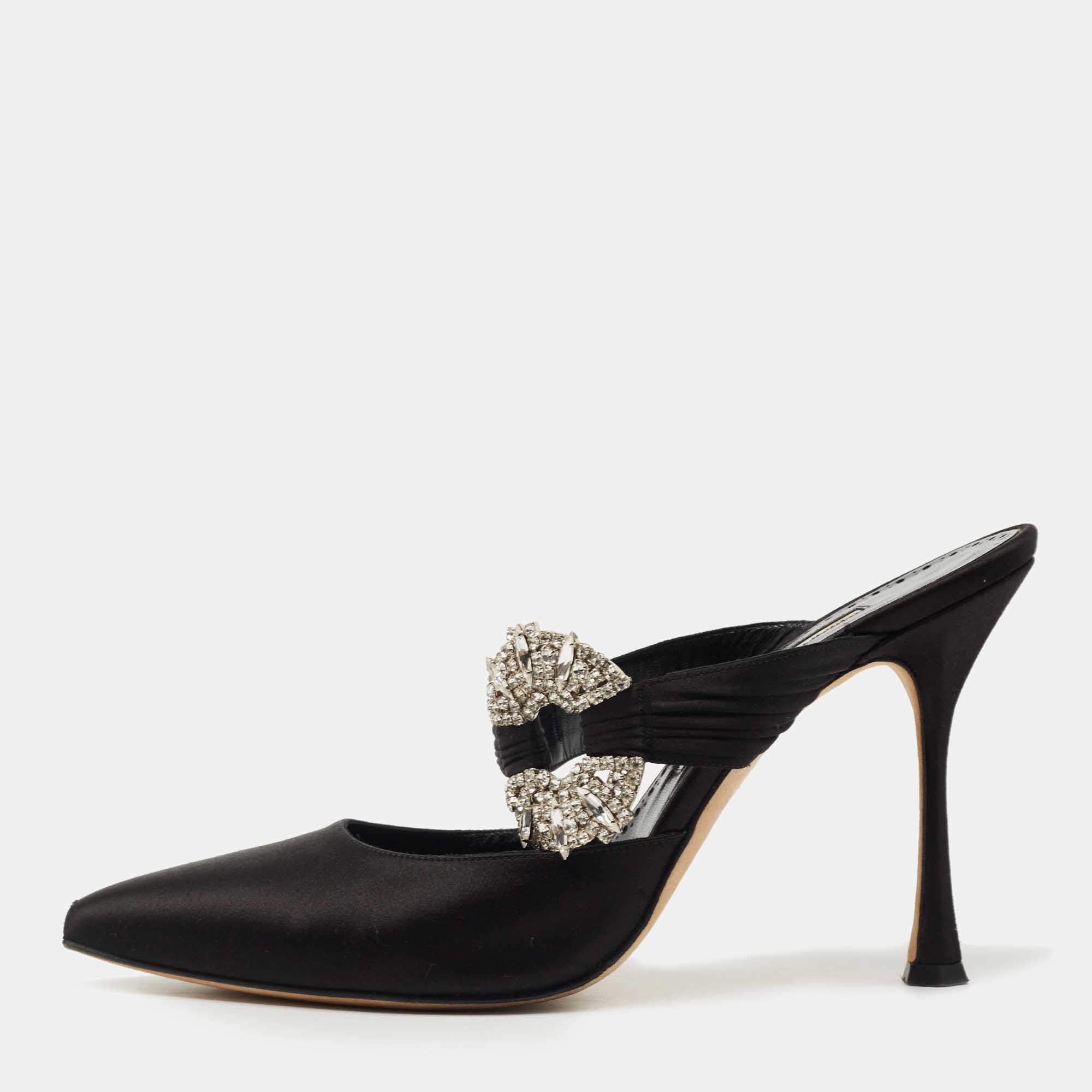 Pre Owned Manolo Blahnik Black Satin Maidugur Pointed Toe Mules Size 39