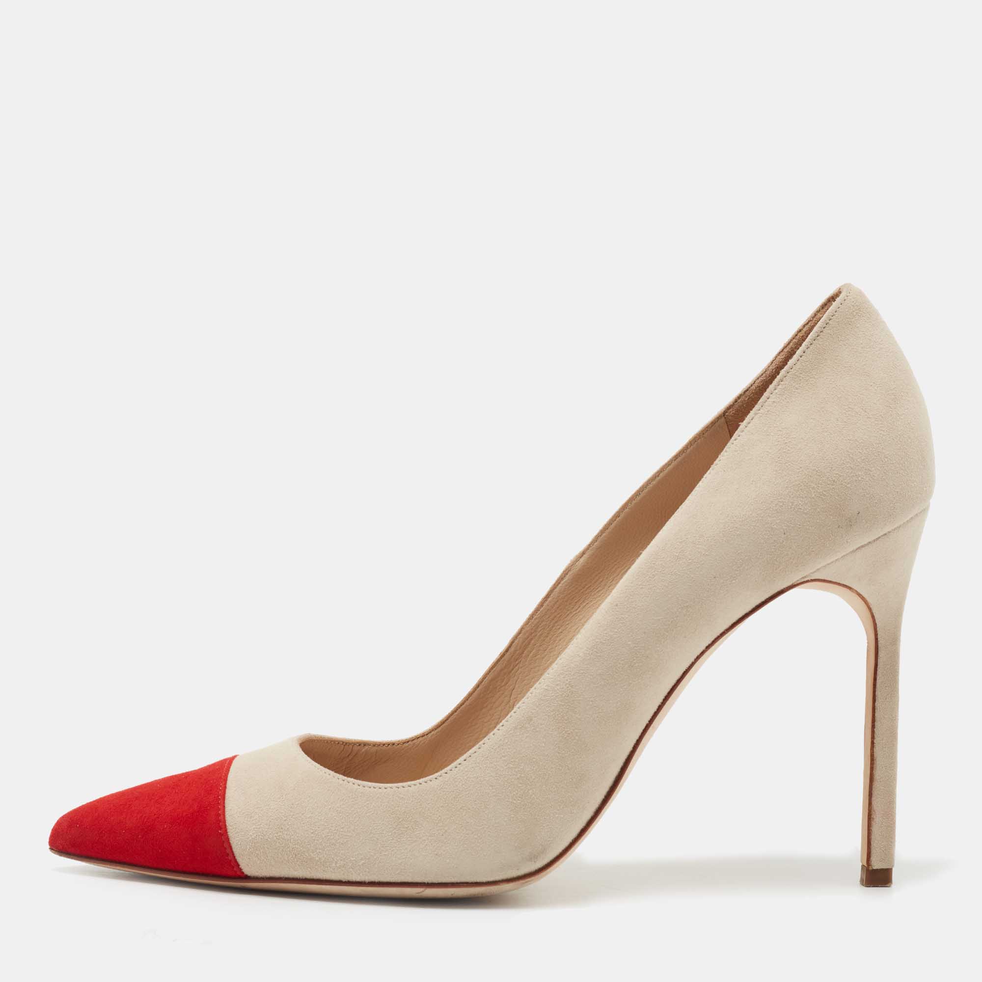 Pre Owned Manolo Blahnik Beige/Red Suede BB Pumps Size 39