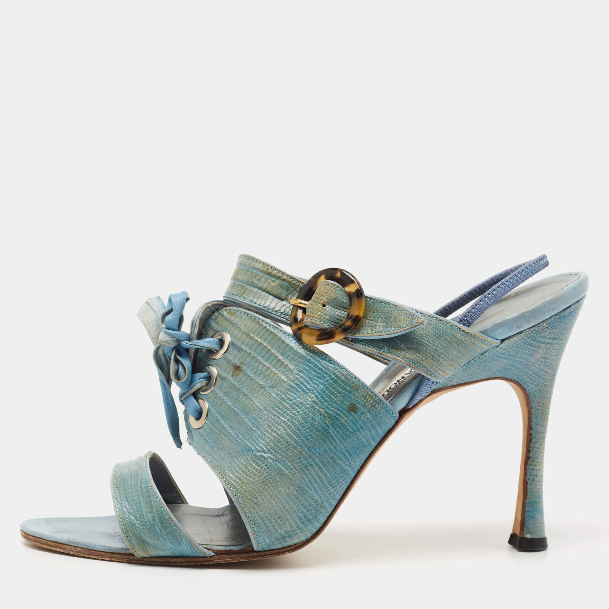 Pre Owned Manolo Blahnik Turquoise Lizard Leather Slingback Sandals Size 40