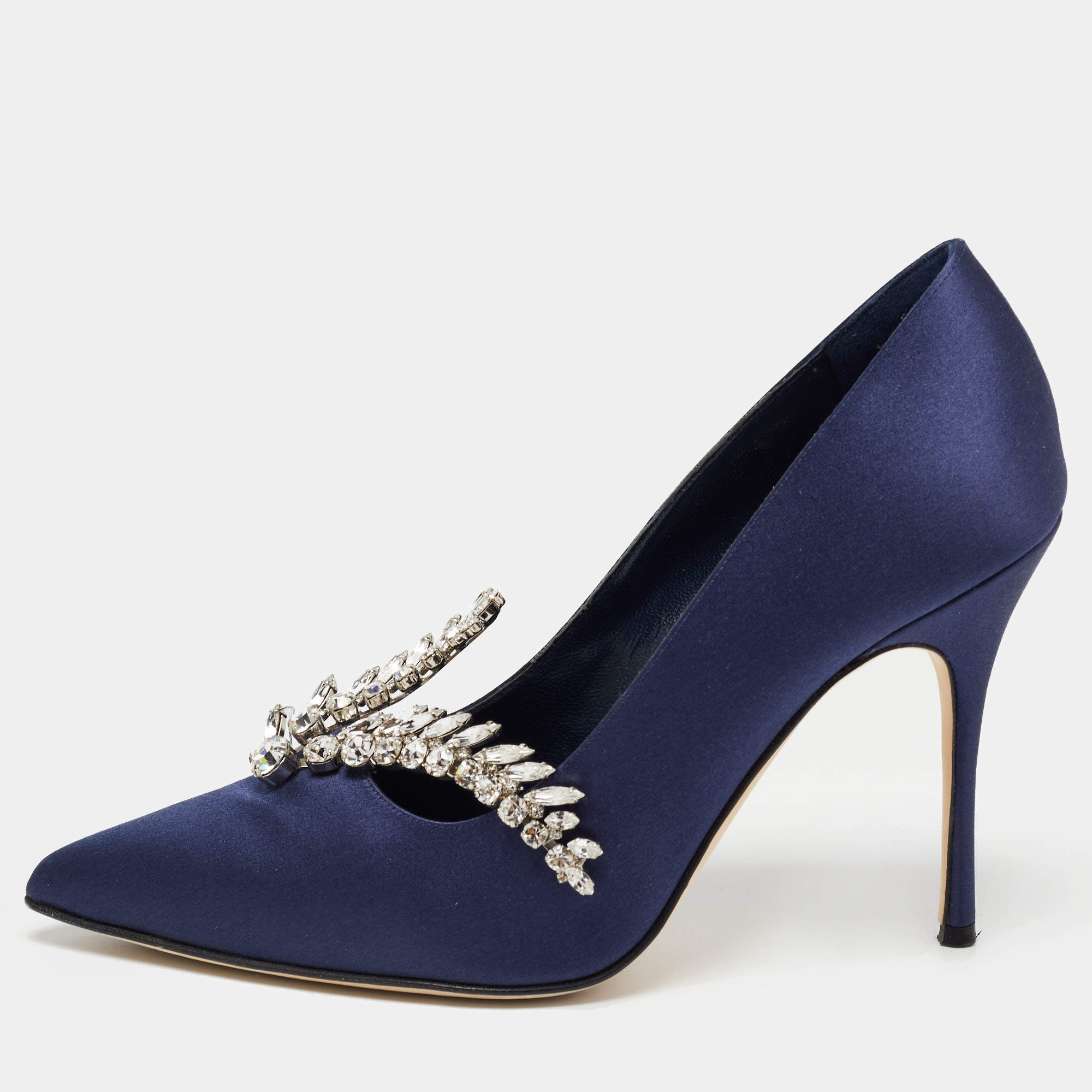 Pre Owned Manolo Blahnik Navy Blue Satin Shufti Pumps Size 38