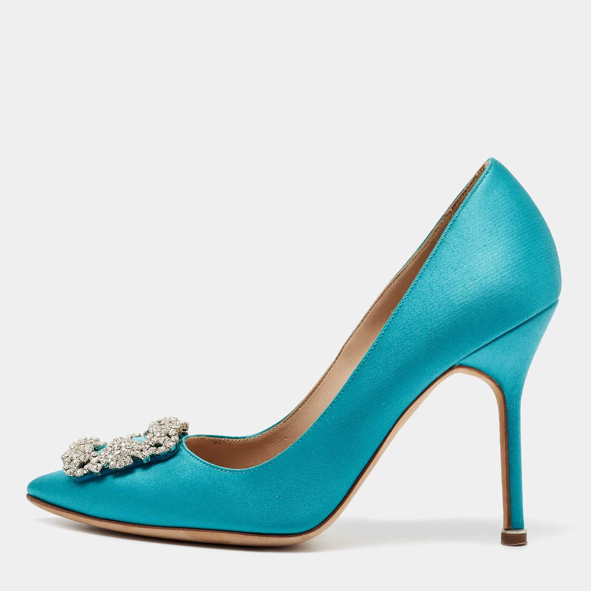 Pre Owned Manolo Blahnik Turquoise Satin Hangisi Pumps Size 38