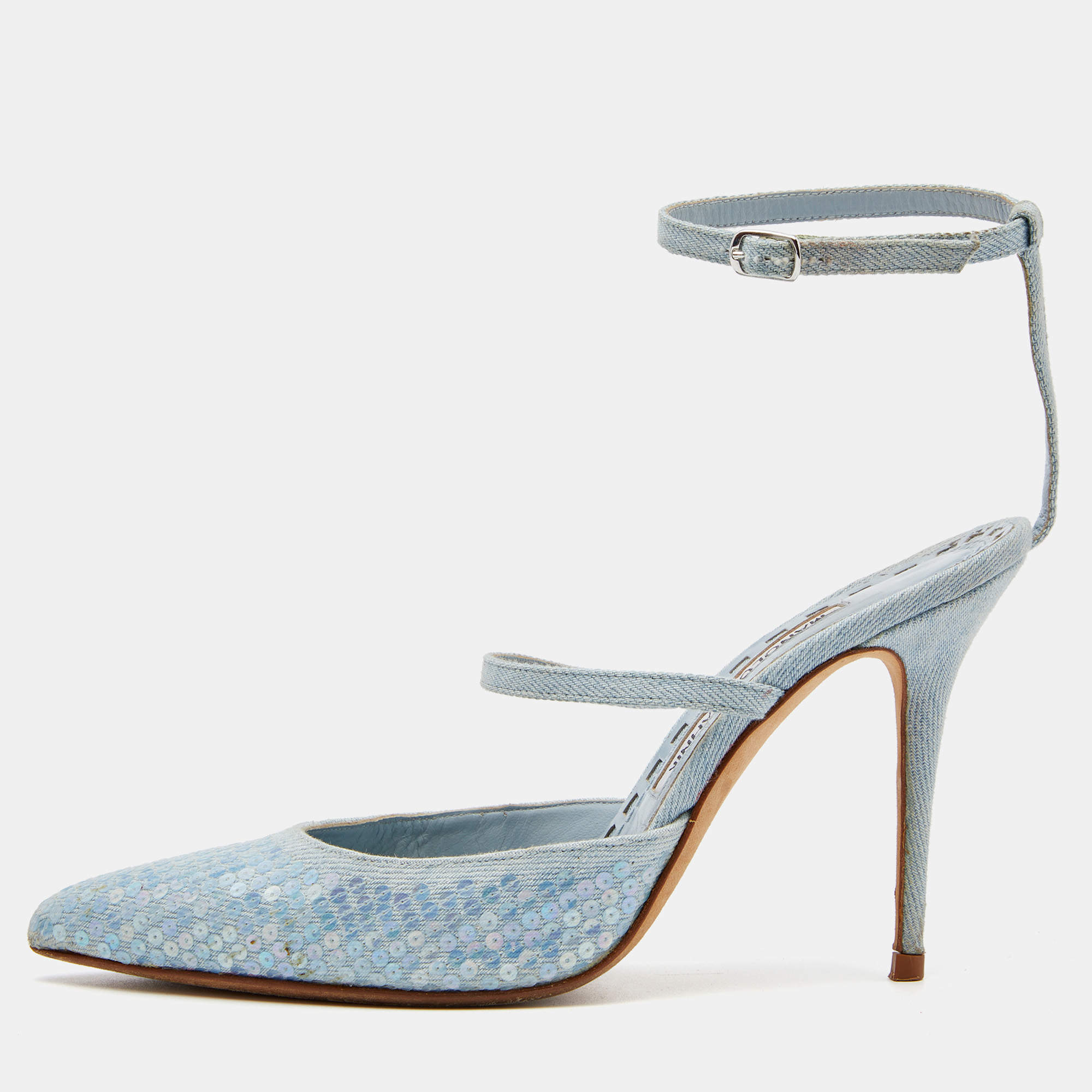 Pre Owned Manolo Blahnik Light Blue Denim Sea Salts Sequins Ankle Strap Pumps Size 36.5