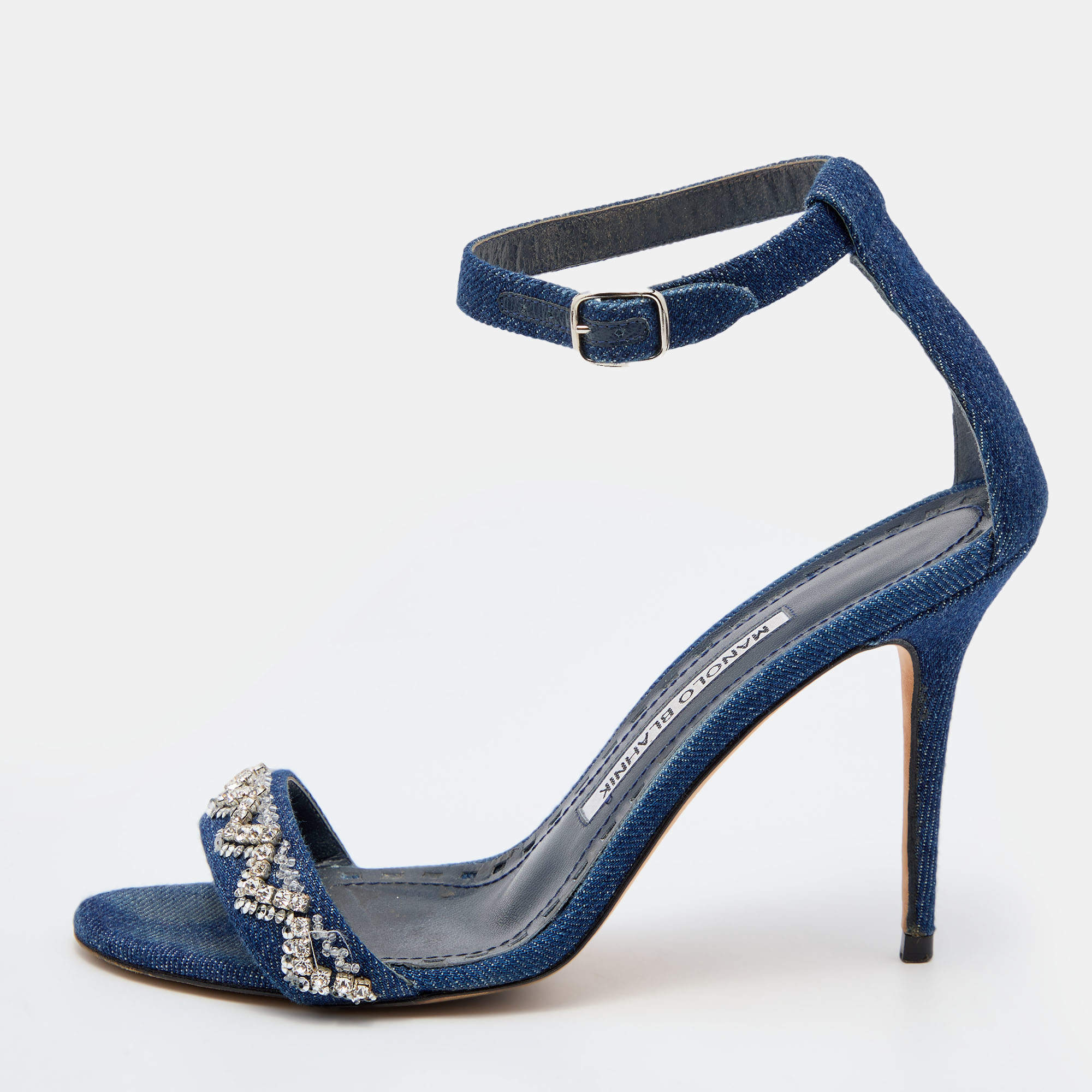 Manolo Blahnik Blue Denim Crystal Embellished Ankle Strap