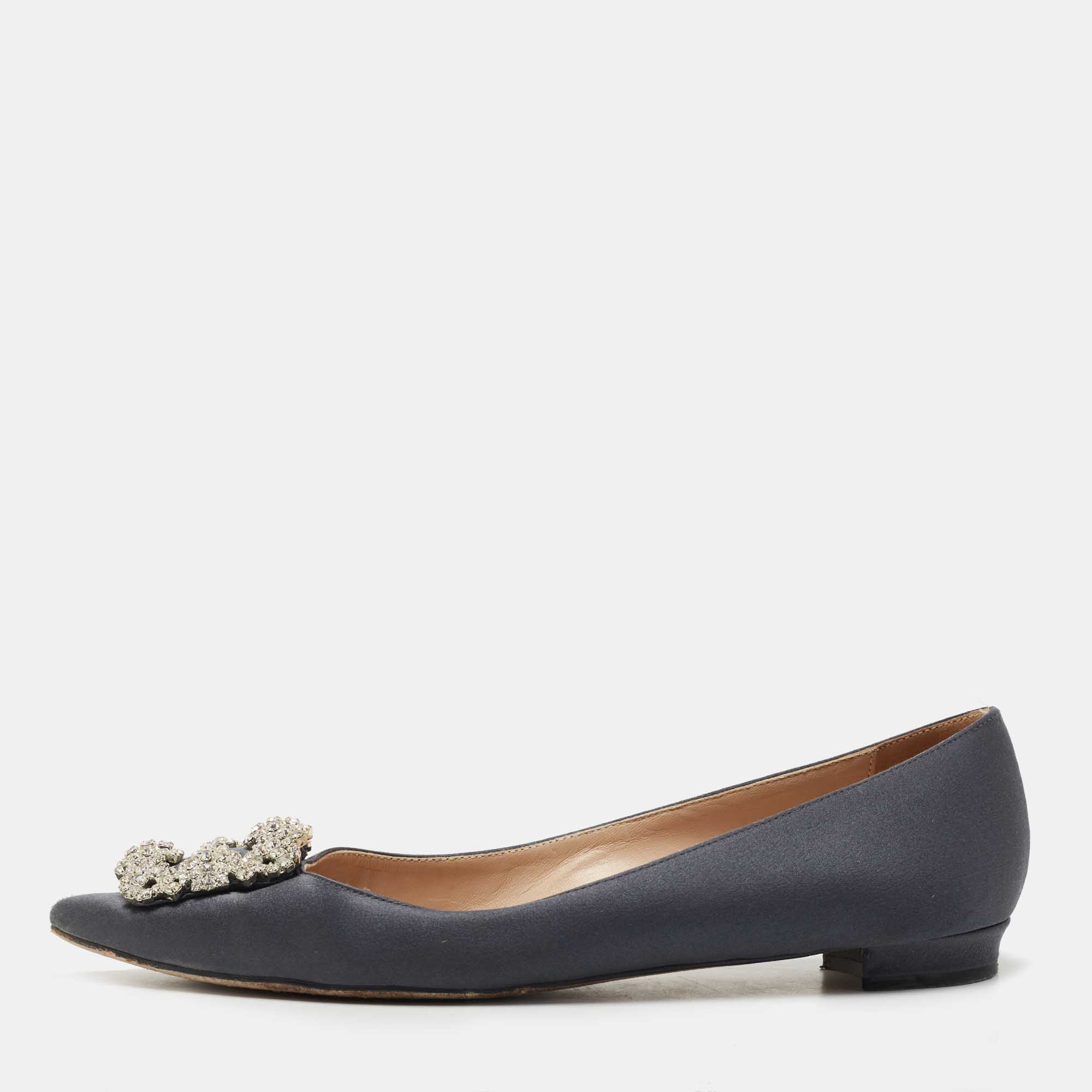 Manolo Blahnik Grey Satin Hangisi Ballet Flats Size 38.5