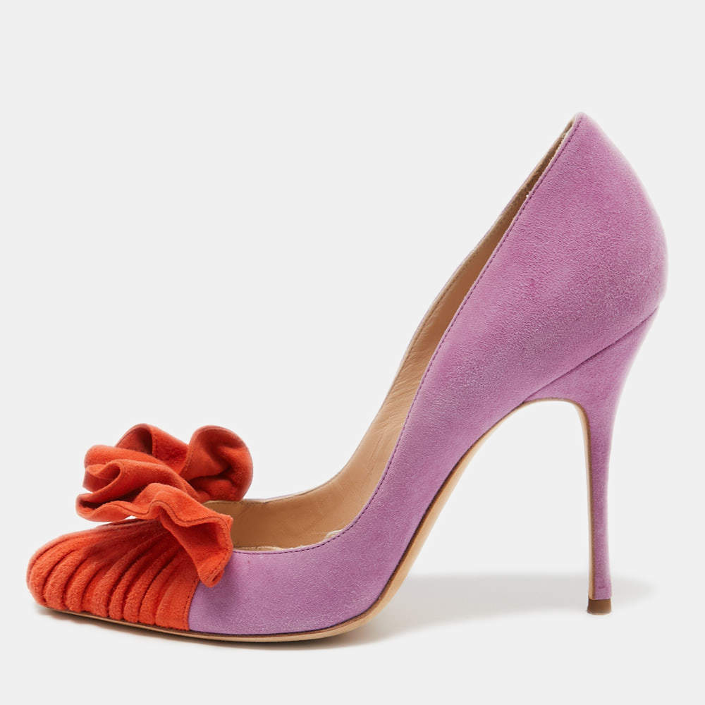Pre Owned Manolo Blahnik Purple/Orange Suede Ruffle Pumps Size 37