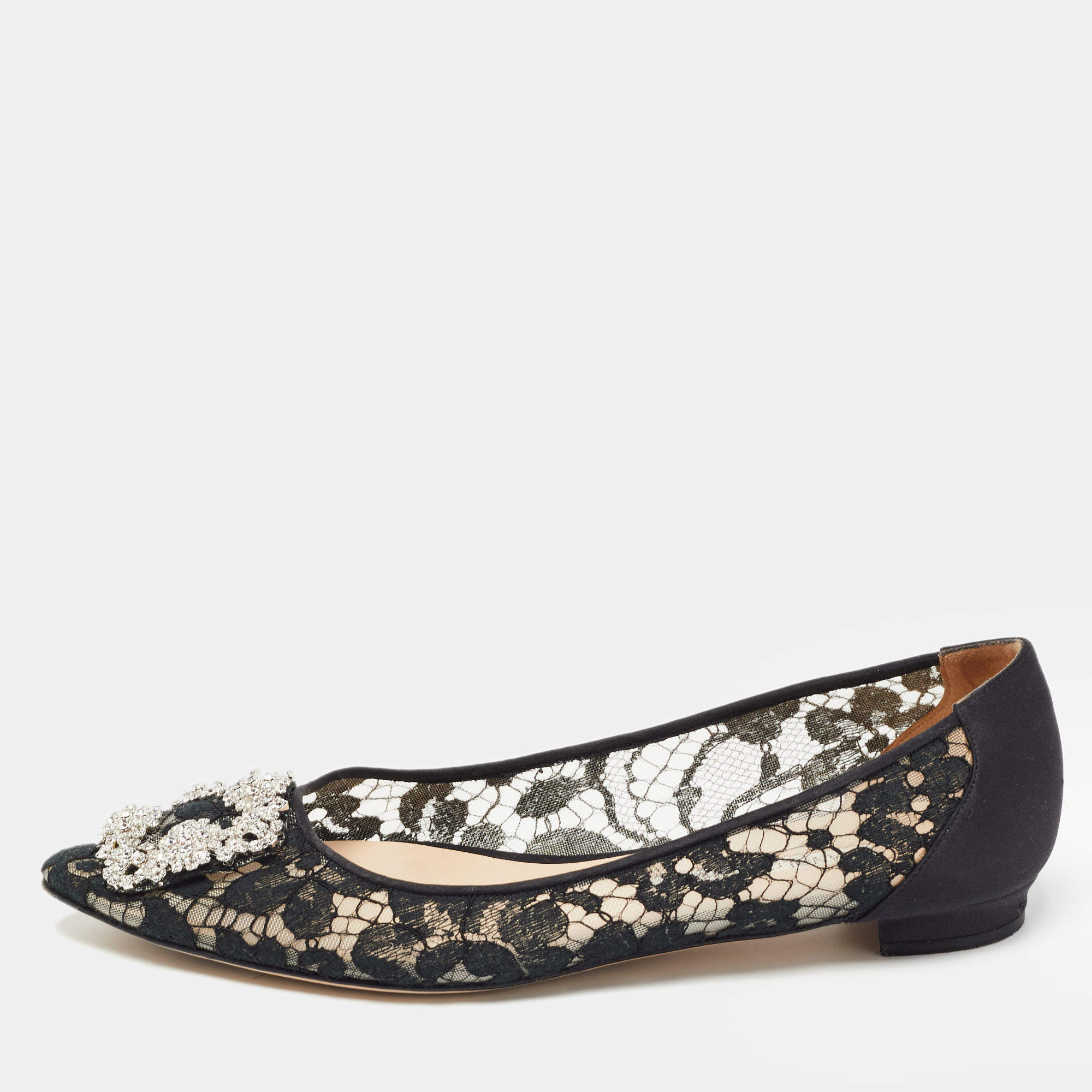 Manolo Blahnik Black Lace and Satin Hangisi Ballet Flats Size 39