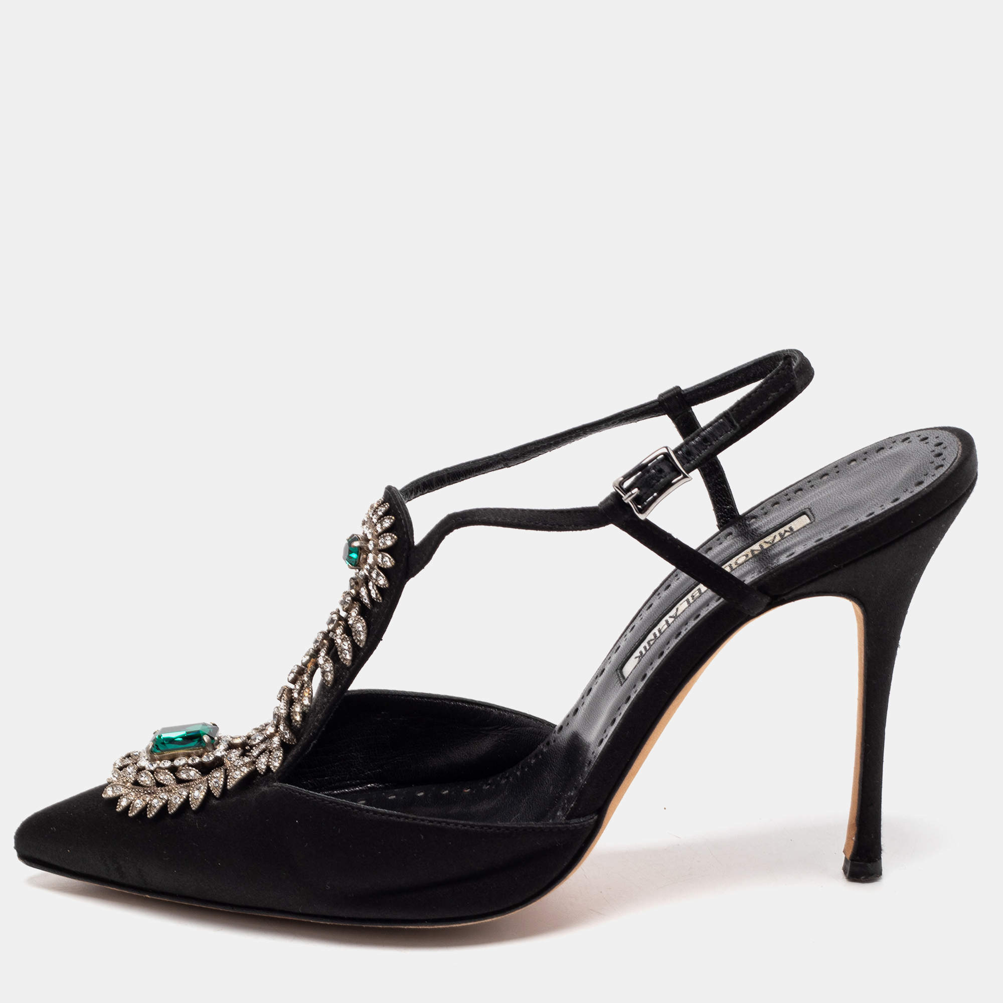 Manolo Blahnik Black Satin Jamala Crystal Embellished Ankle