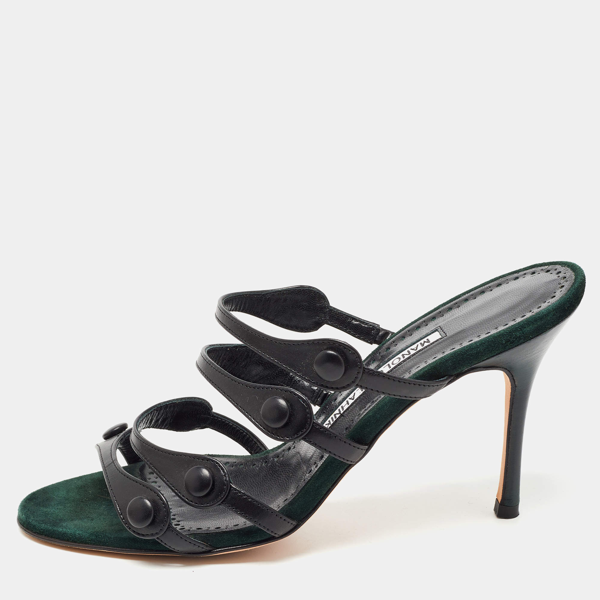 Pre Owned Manolo Blahnik Black Leather Strappy Slides Size 38
