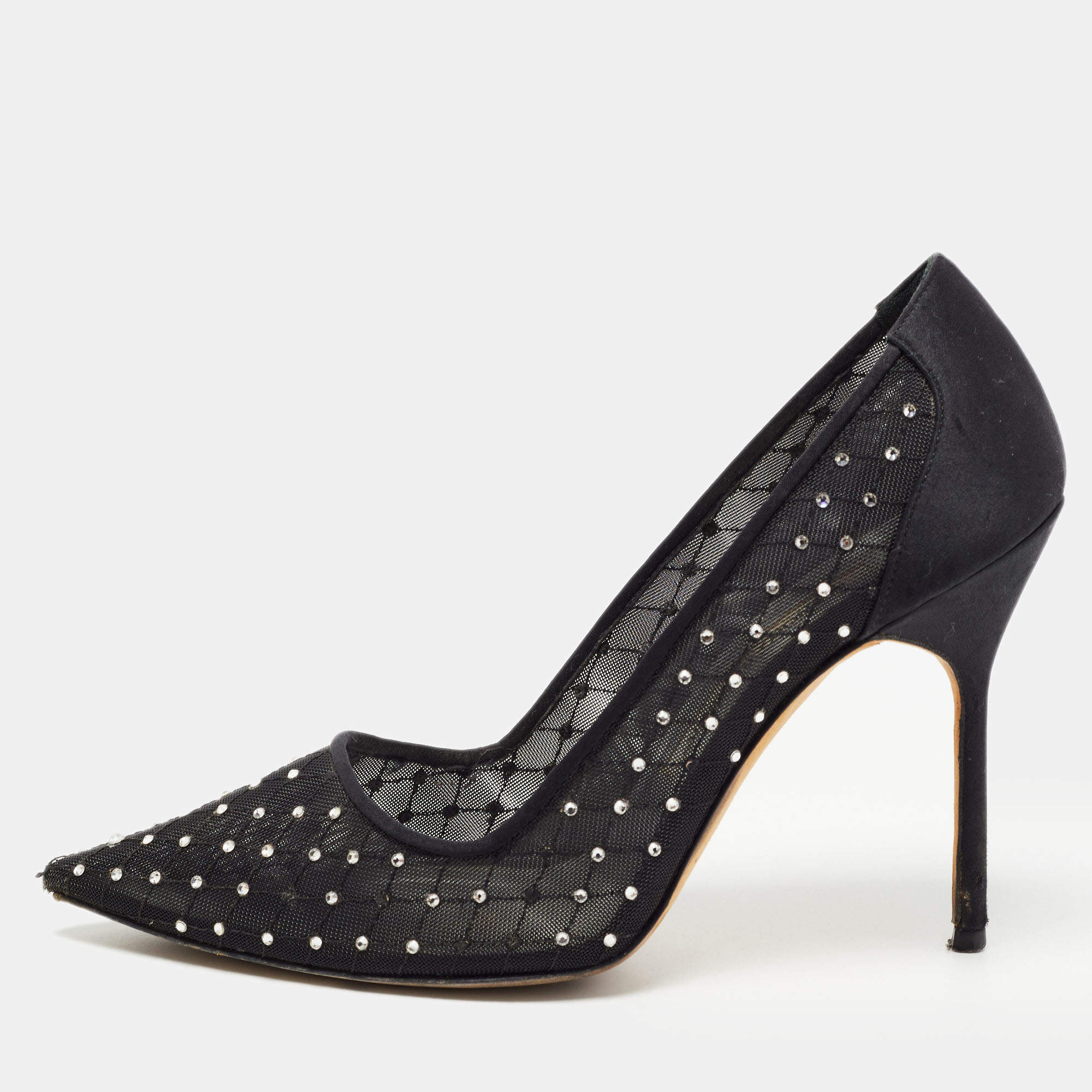 Pre Owned Manolo Blahnik Black Crystal Embellished Mesh and Satin Pointed Toe Pumps Size 37