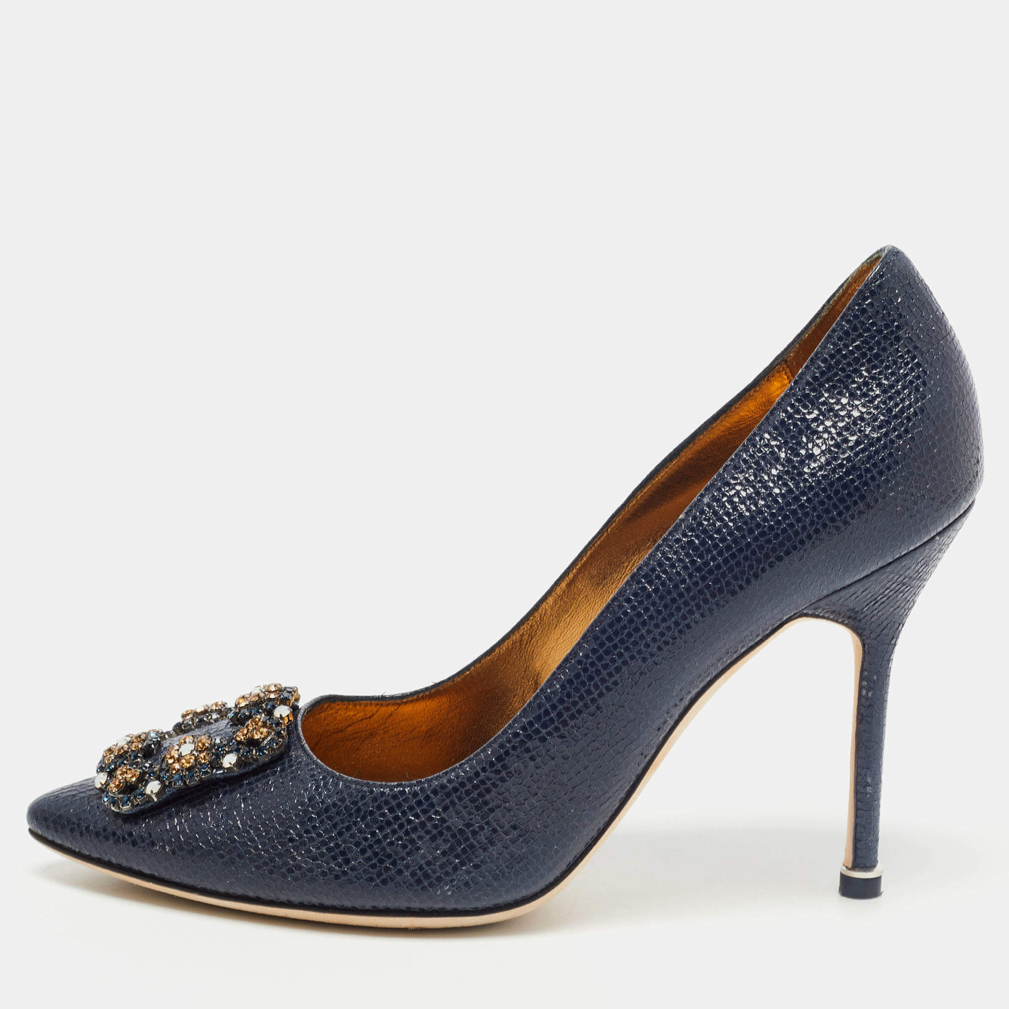 Pre Owned Manolo Blahnik Blue Texture Patent Leather Hangisi Crystal Embellished Pumps Size 38.5