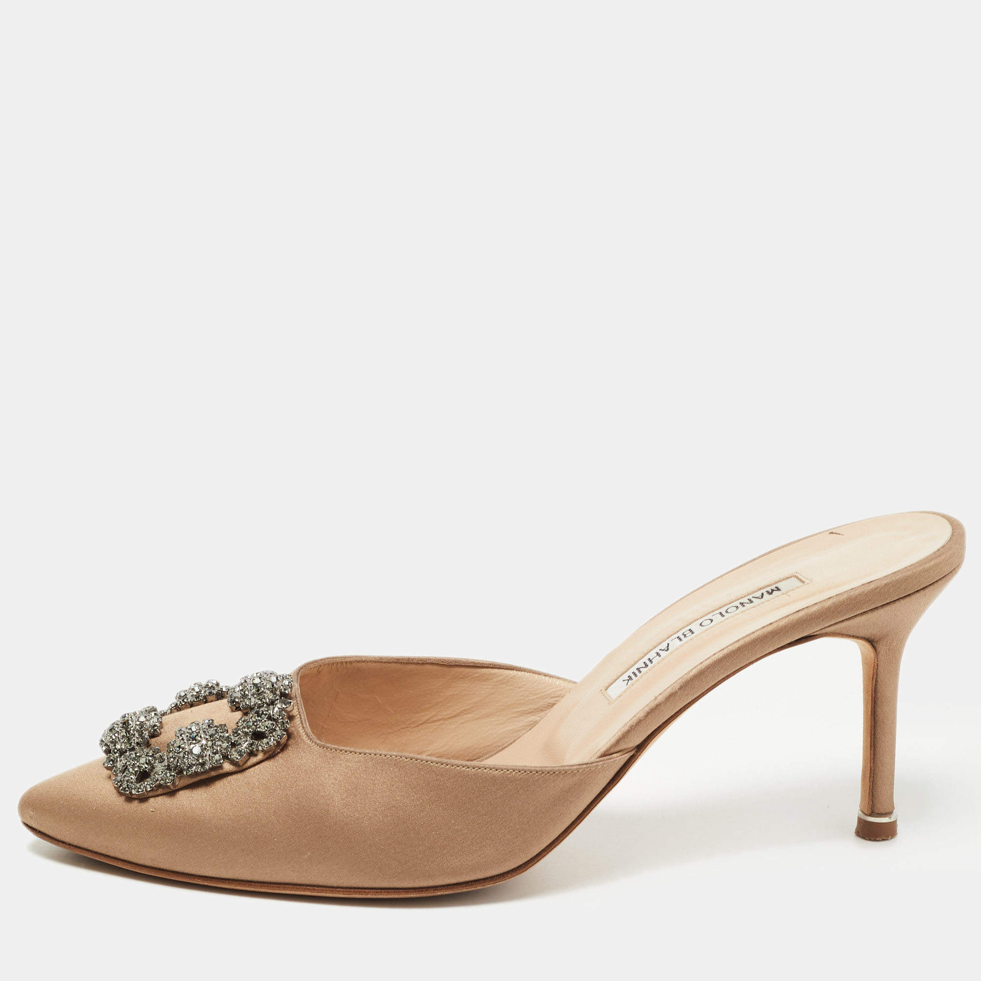 Manolo Blahnik Light Brown Satin Hangisimu Mules Size 40