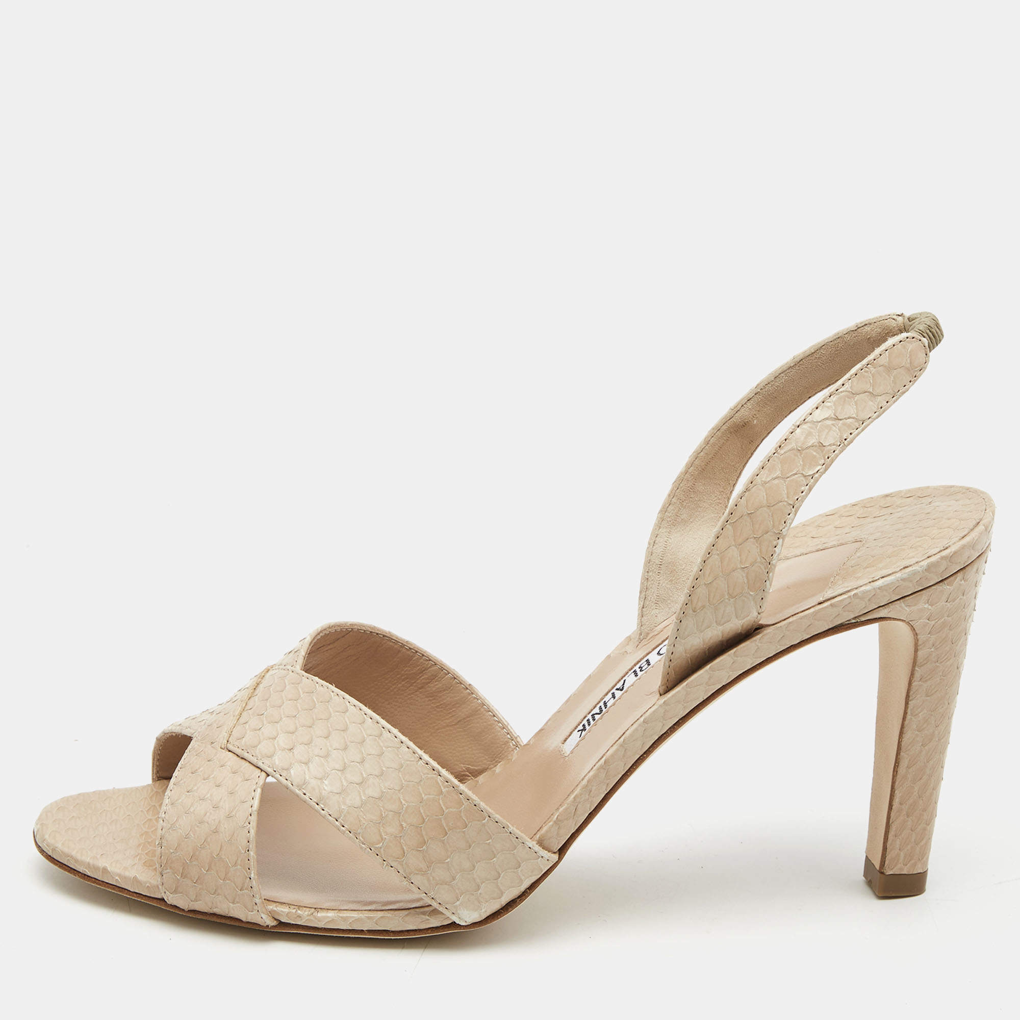 Pre Owned Manolo Blahnik Beige Snakeskin Leather Callasli Slingback Sandals Size 39.5