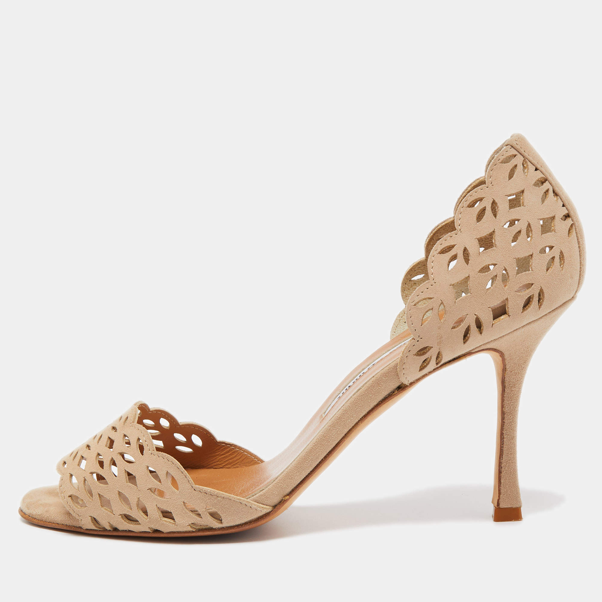Manolo Blahnik Beige Laser Cut Suede Open Toe D'orsay Sandals Size 38.5