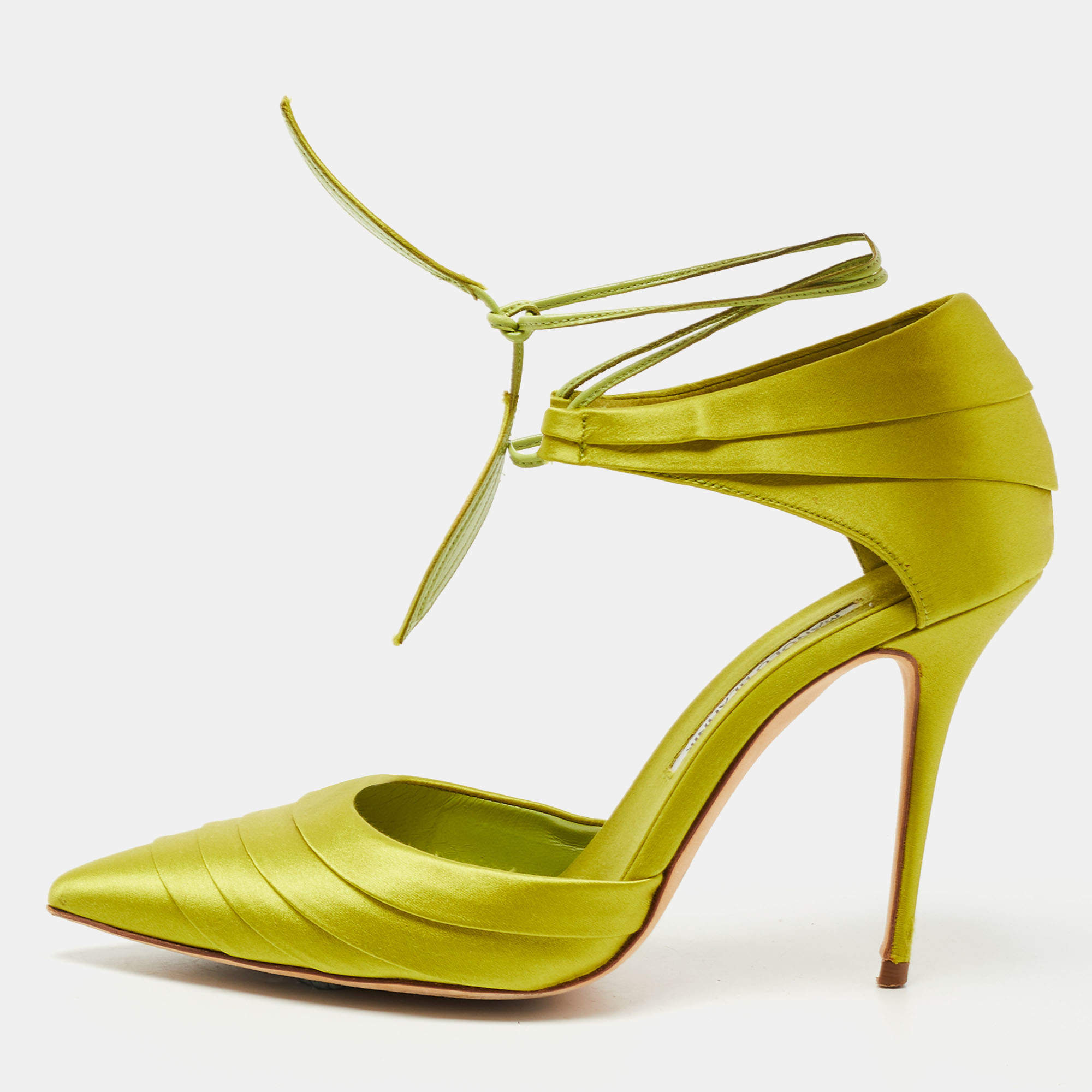 Pre Owned Manolo Blahnik Green Satin Reya Ankle Strap Pumps Size 38