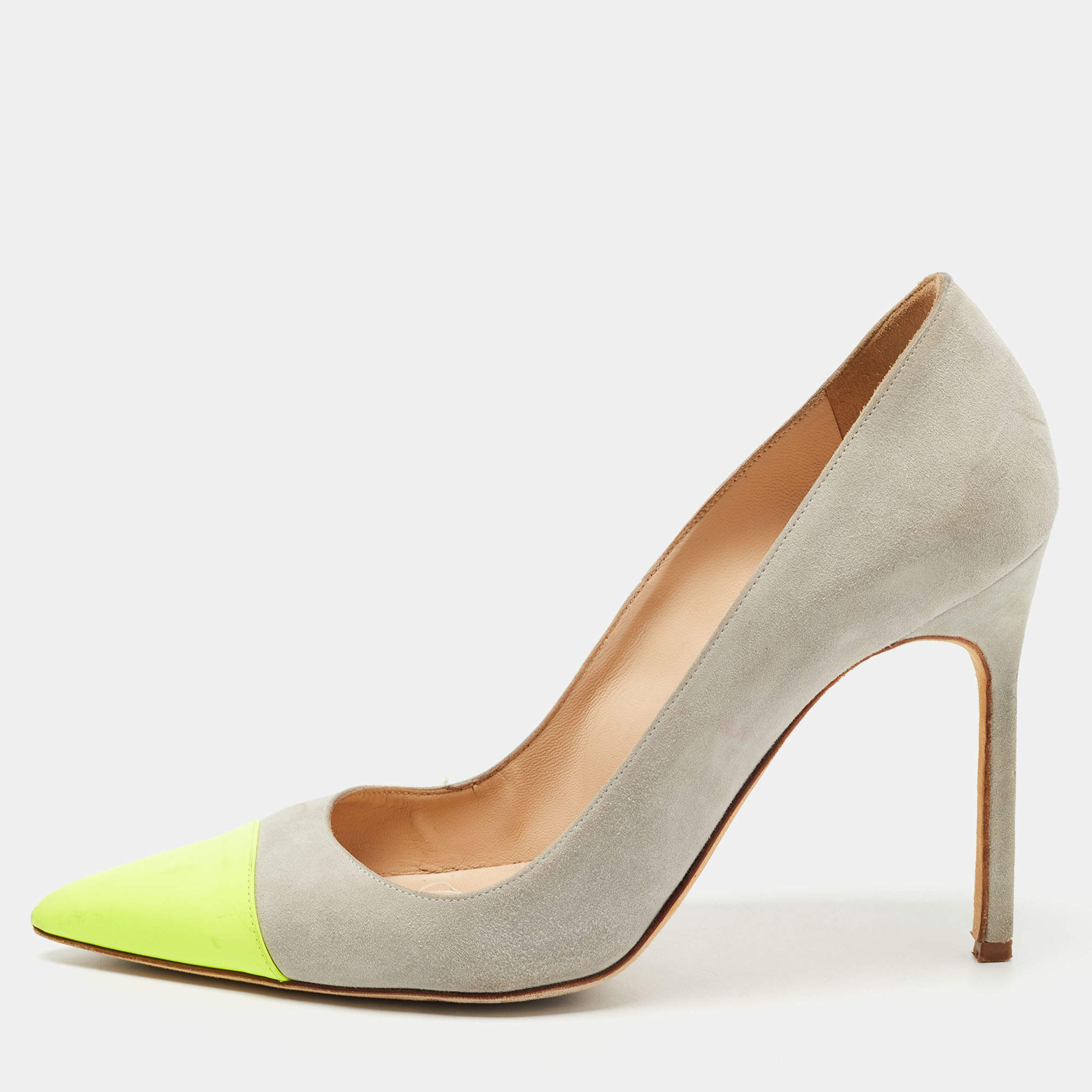 Pre Owned Manolo Blahnik Grey/Green Suede and Leather BB Pumps Size 39