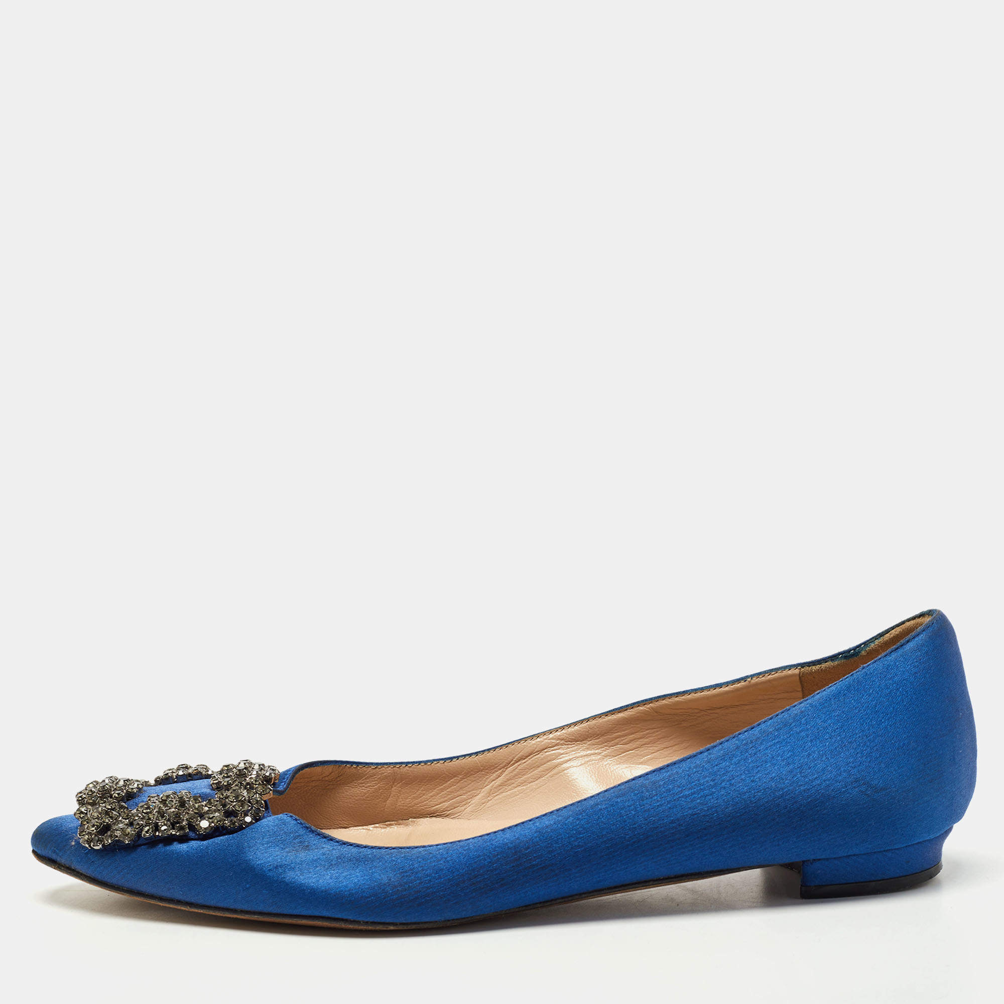 Pre Owned Manolo Blahnik Blue Satin Hangisi Crystals Ballet Flats Size 35.5
