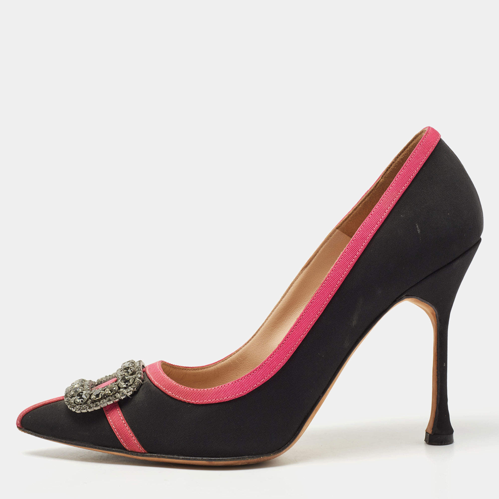 Pre Owned Manolo Blahnik Black/Pink Gotrian Crystal Embellished Pumps Size 39.5