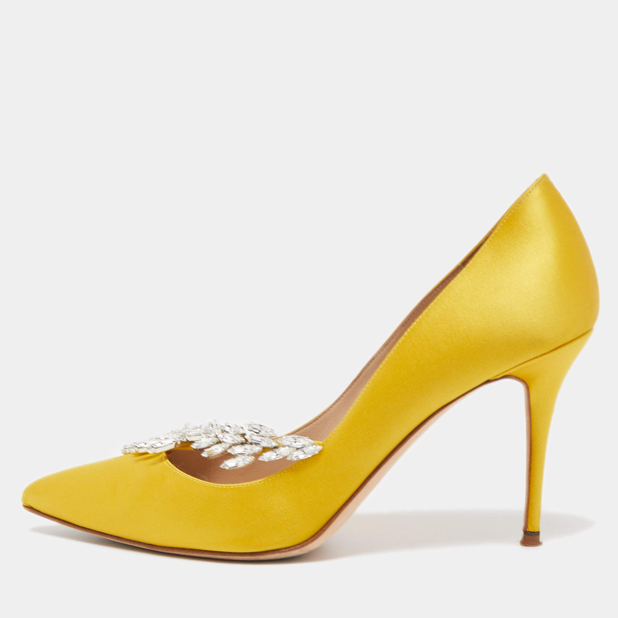 Pre Owned Manolo Blahnik Yellow Satin Nadira Pumps Size 39