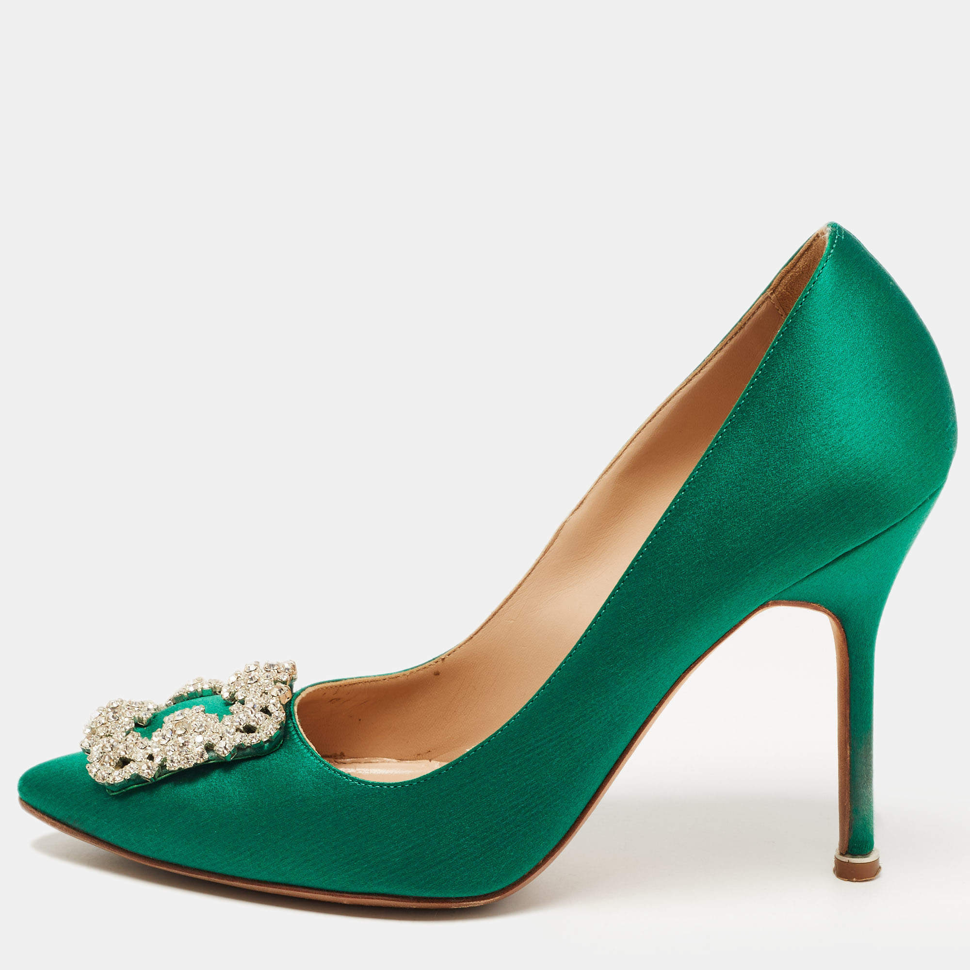 Manolo Blahnik Green Satin Hangisi Pumps Size 38