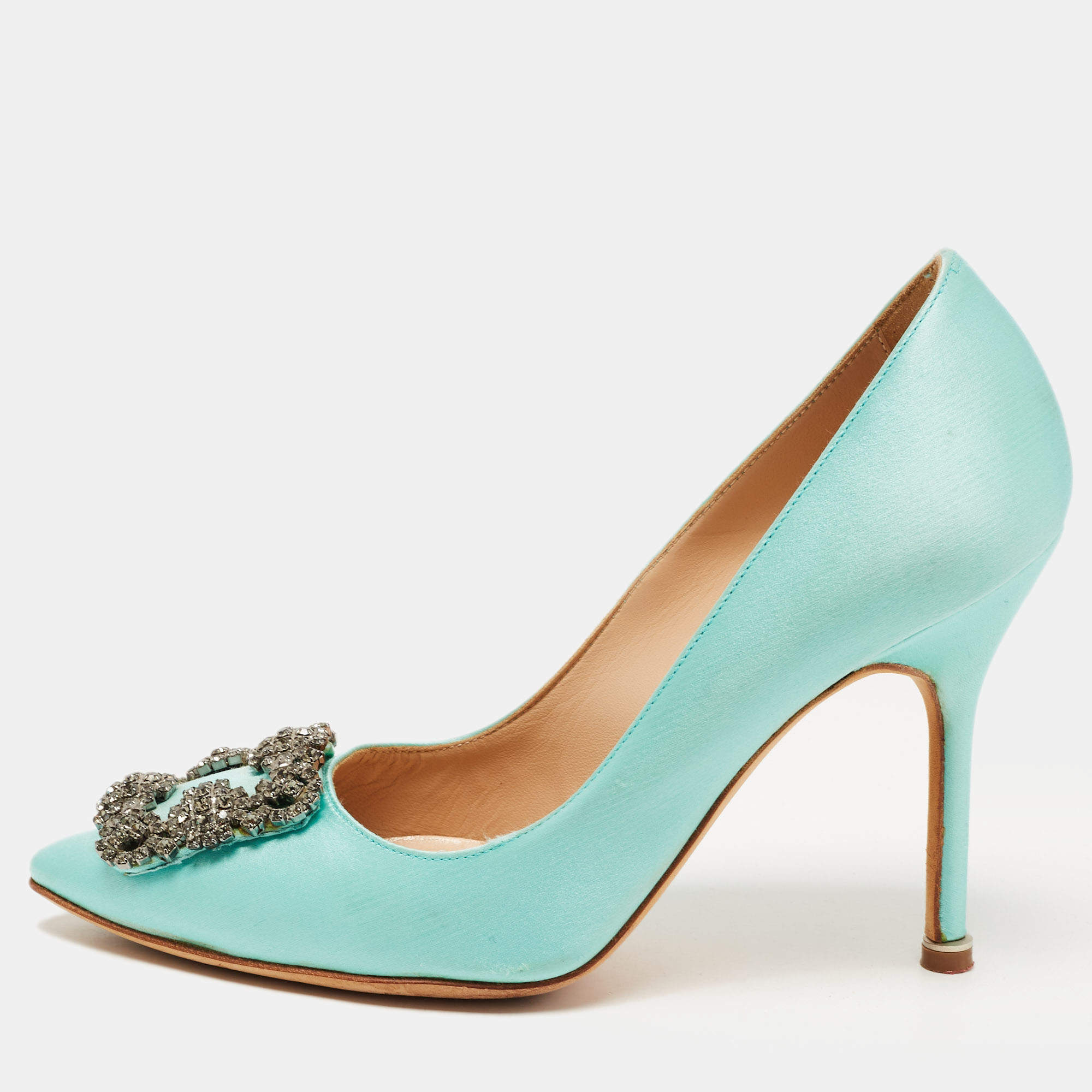 Pre Owned Manolo Blahnik Turquoise Satin Hangisi Pumps Size 36