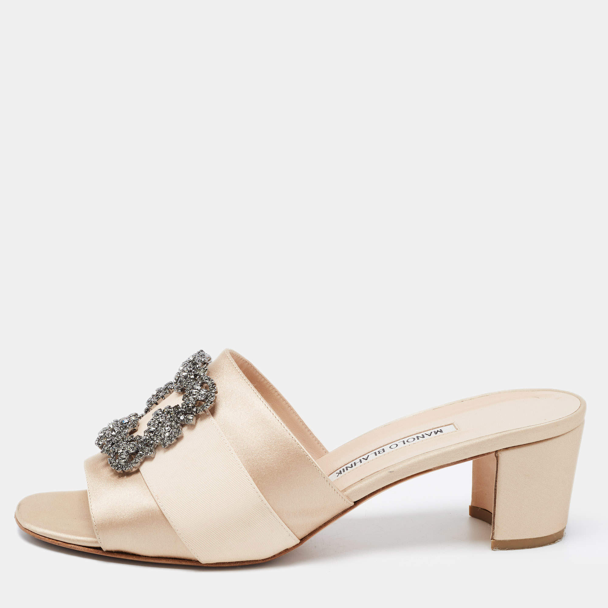 Pre Owned Manolo Blahnik Beige Satin Martamod Slide Sandals Size 41