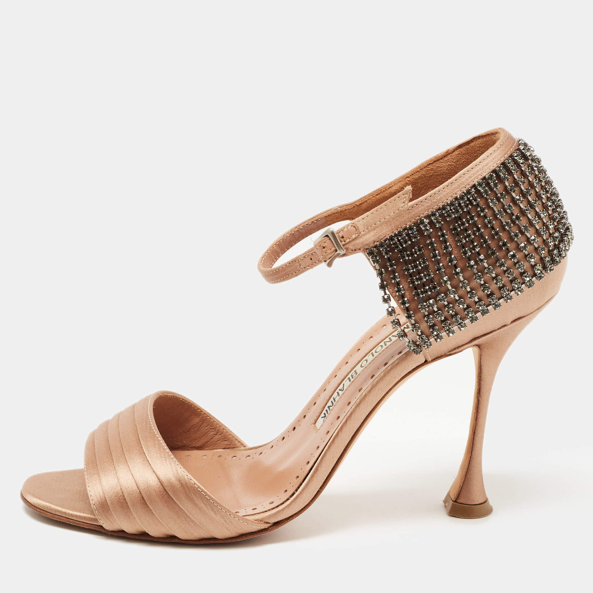 Pre Owned Manolo Blahnik Beige Satin Sidina Sandals Size 37.5