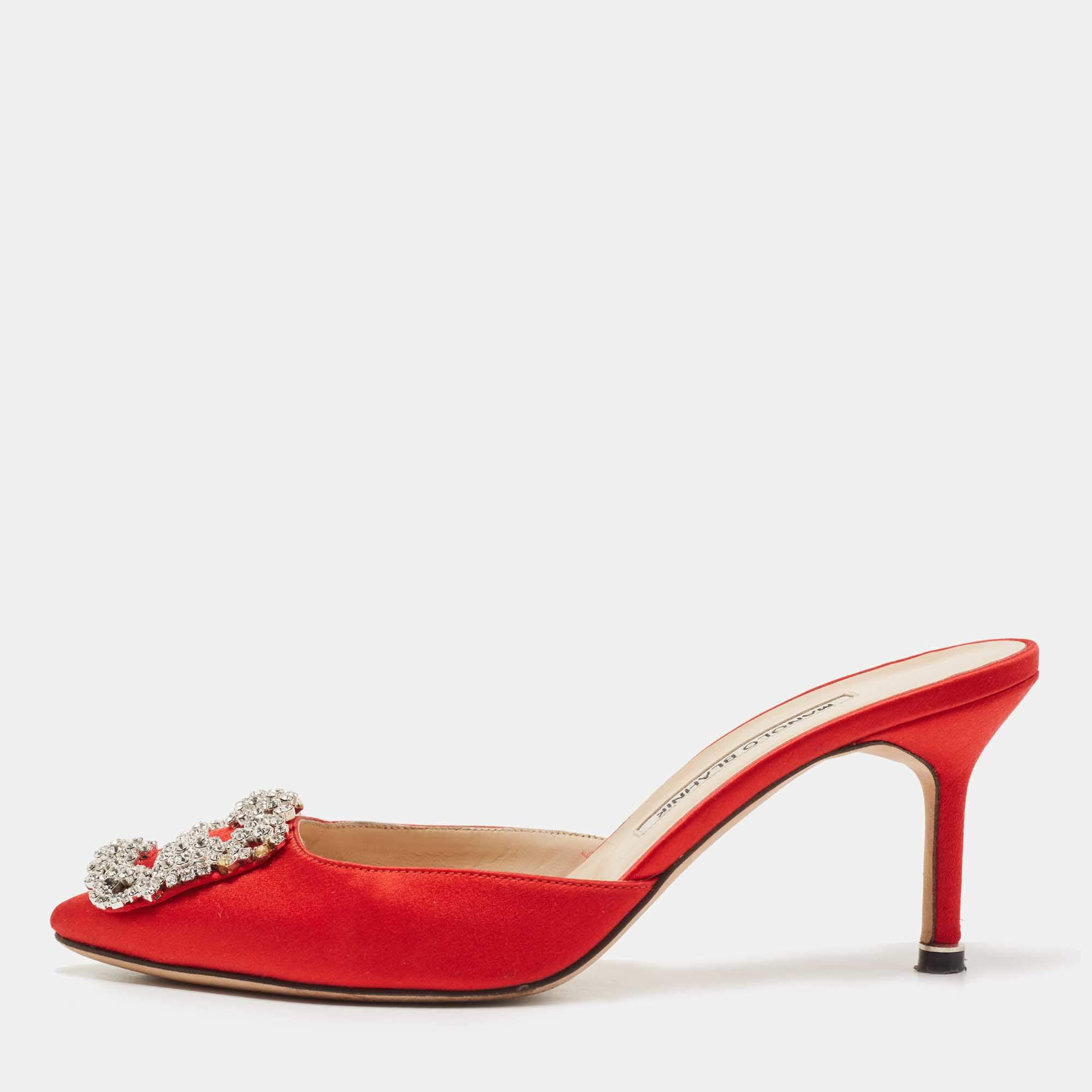 Manolo Blahnik Red Satin Hangisimu Mules Size 37.5
