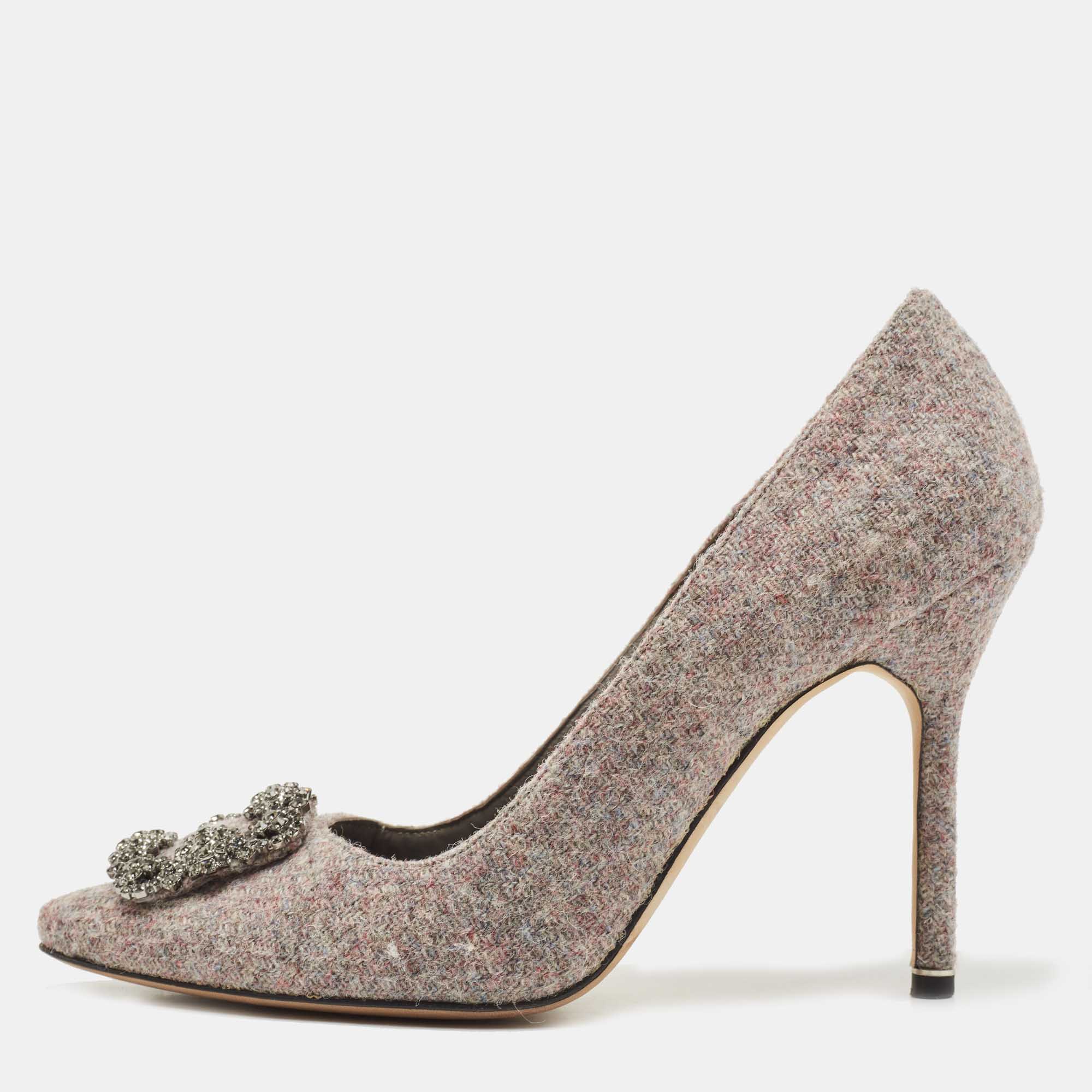 Pre Owned Manolo Blahnik Grey Tweed Hangisi Pumps Size 41