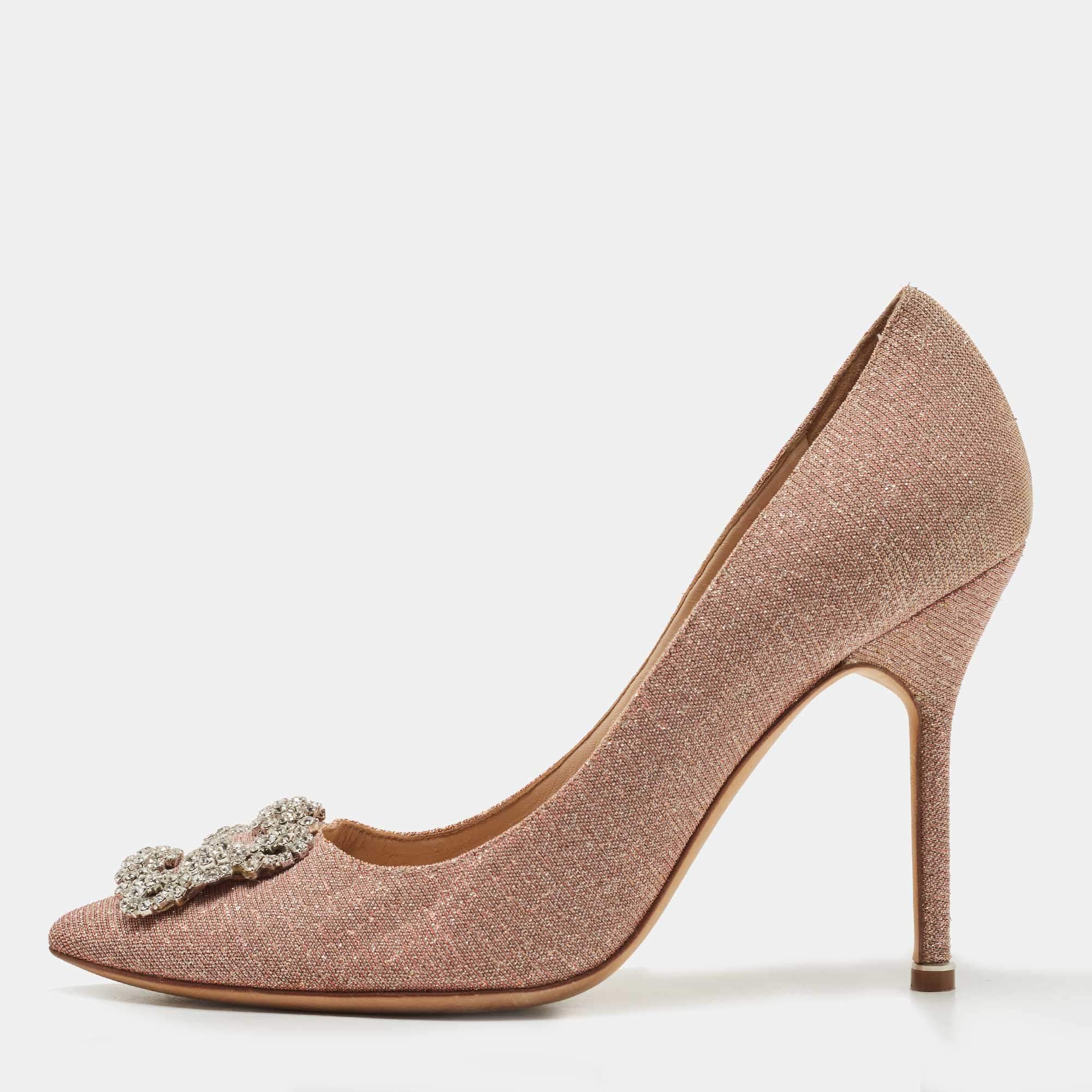 Manolo Blahnik Pink Lurex Fabric Hangisi Pumps Size 40
