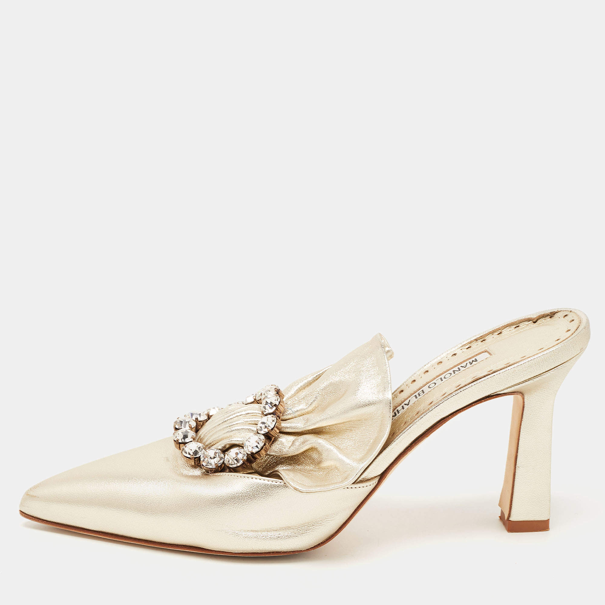 Pre Owned Manolo Blahnik Metallic Gold Leather Crystal Embellished Mules Size 38.5