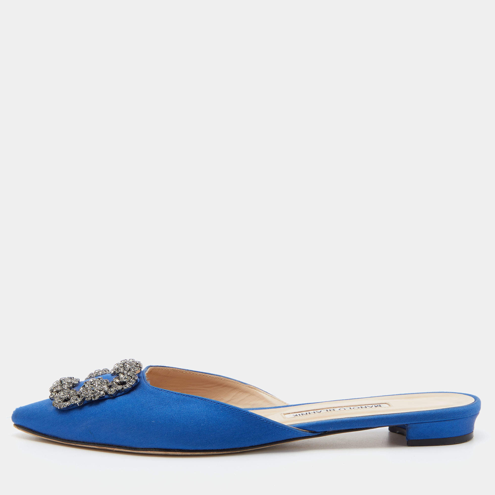 Manolo Blahnik Blue Satin Hangisi Flat Mules Size 38
