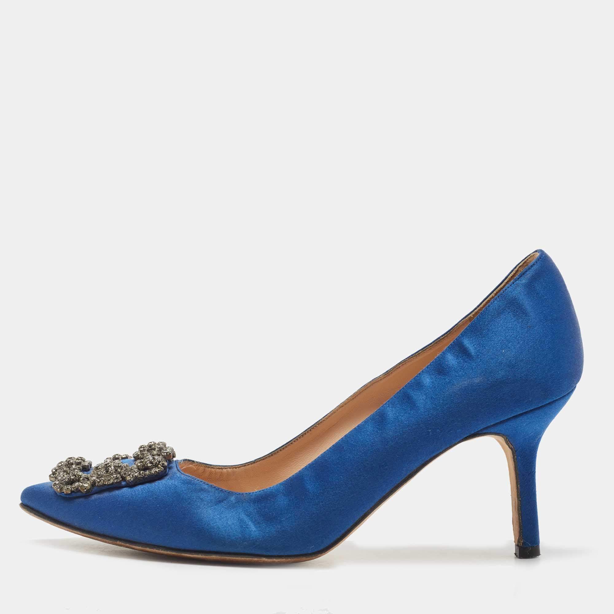 Pre Owned Manolo Blahnik Blue Satin Hangisi Crystal Embellished Pumps Size 38.5