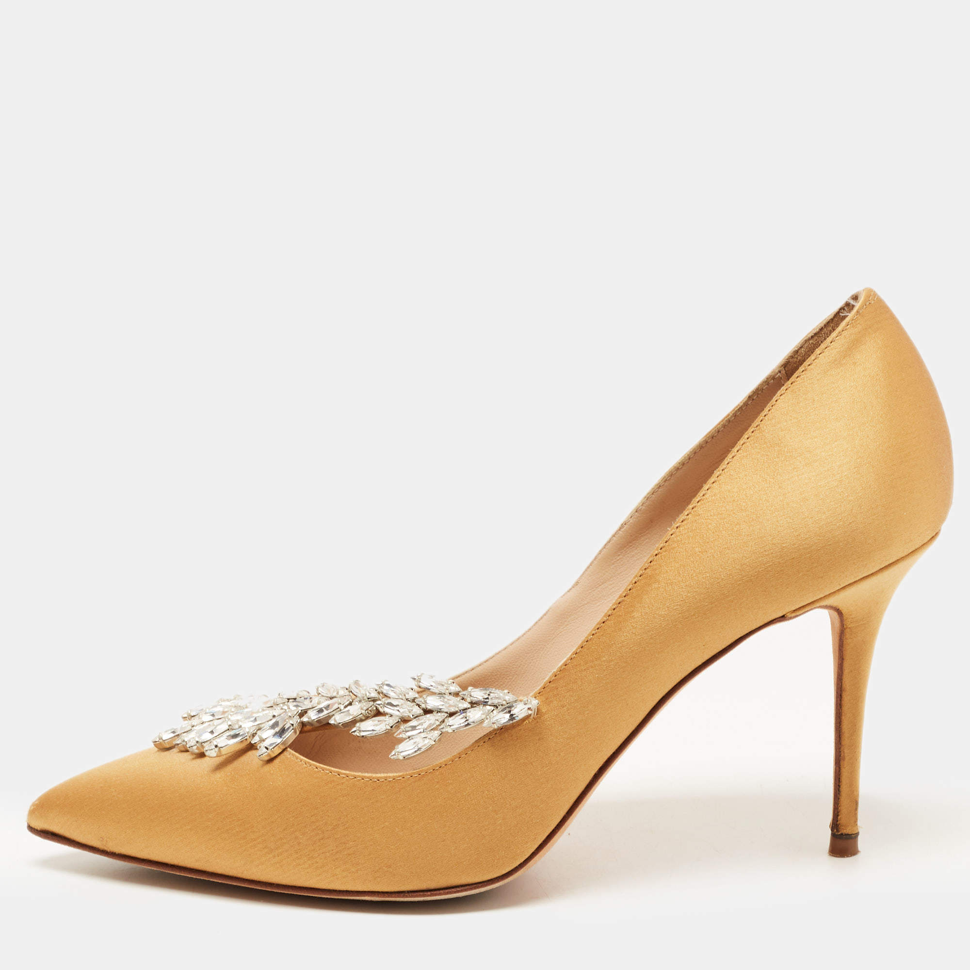 Pre Owned Manolo Blahnik Mustard Satin Nadira Pumps Size 37