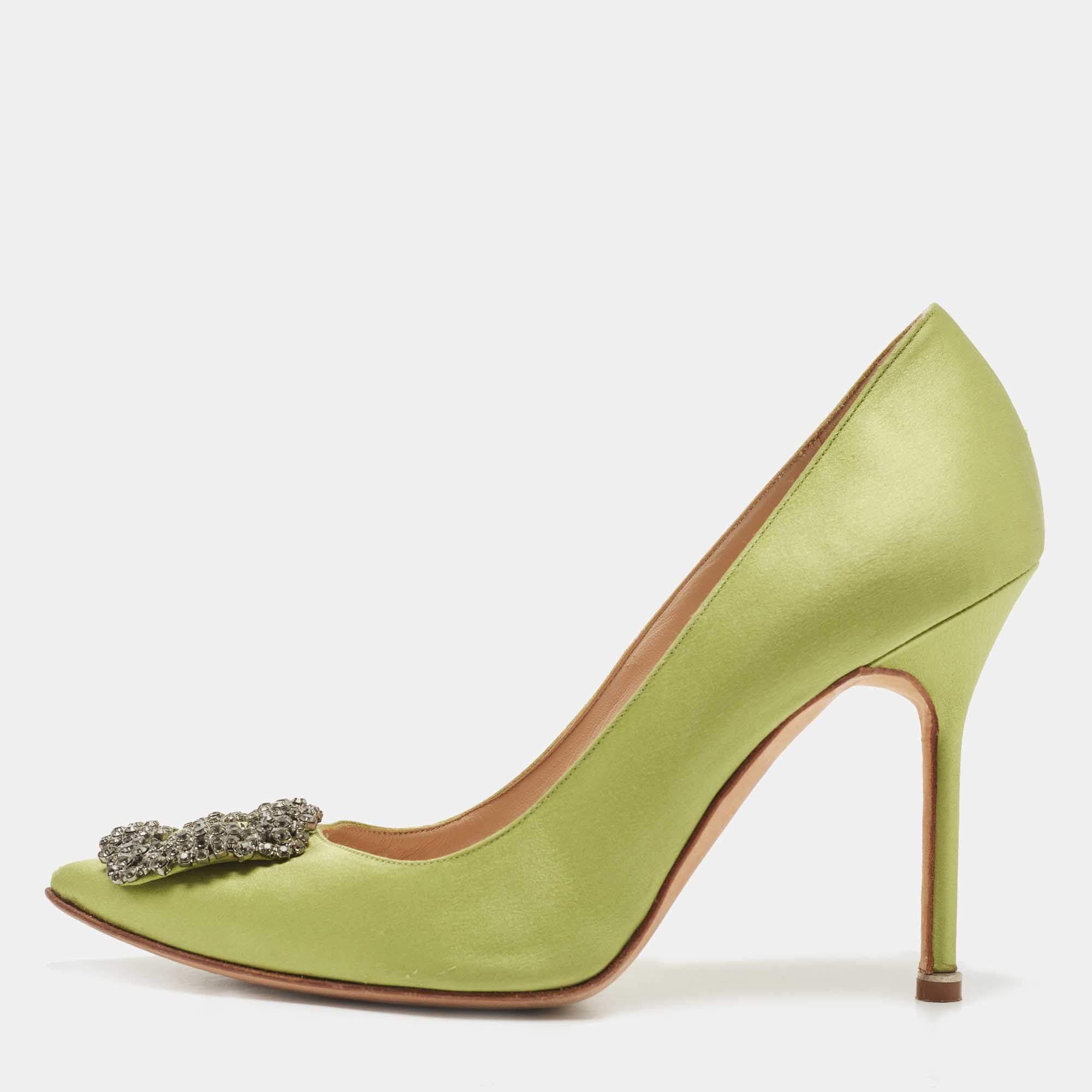 Pre Owned Manolo Blahnik Green Satin Hangisi Pumps Size 40.5