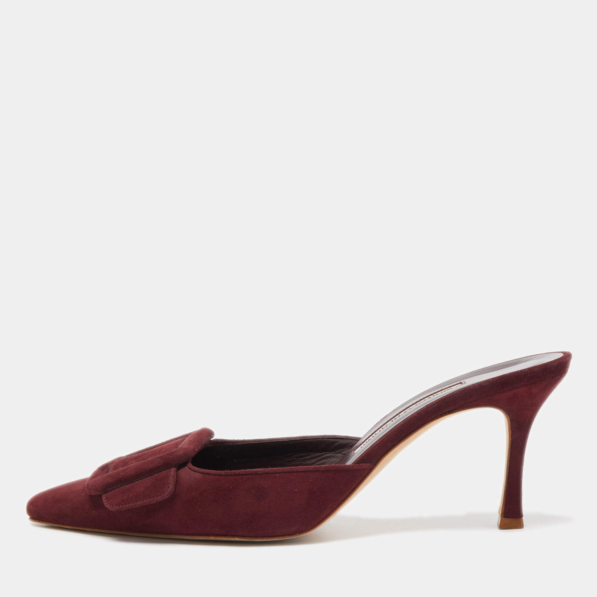Pre Owned Manolo Blahnik Burgundy Suede Maysale Mules Size 39.5