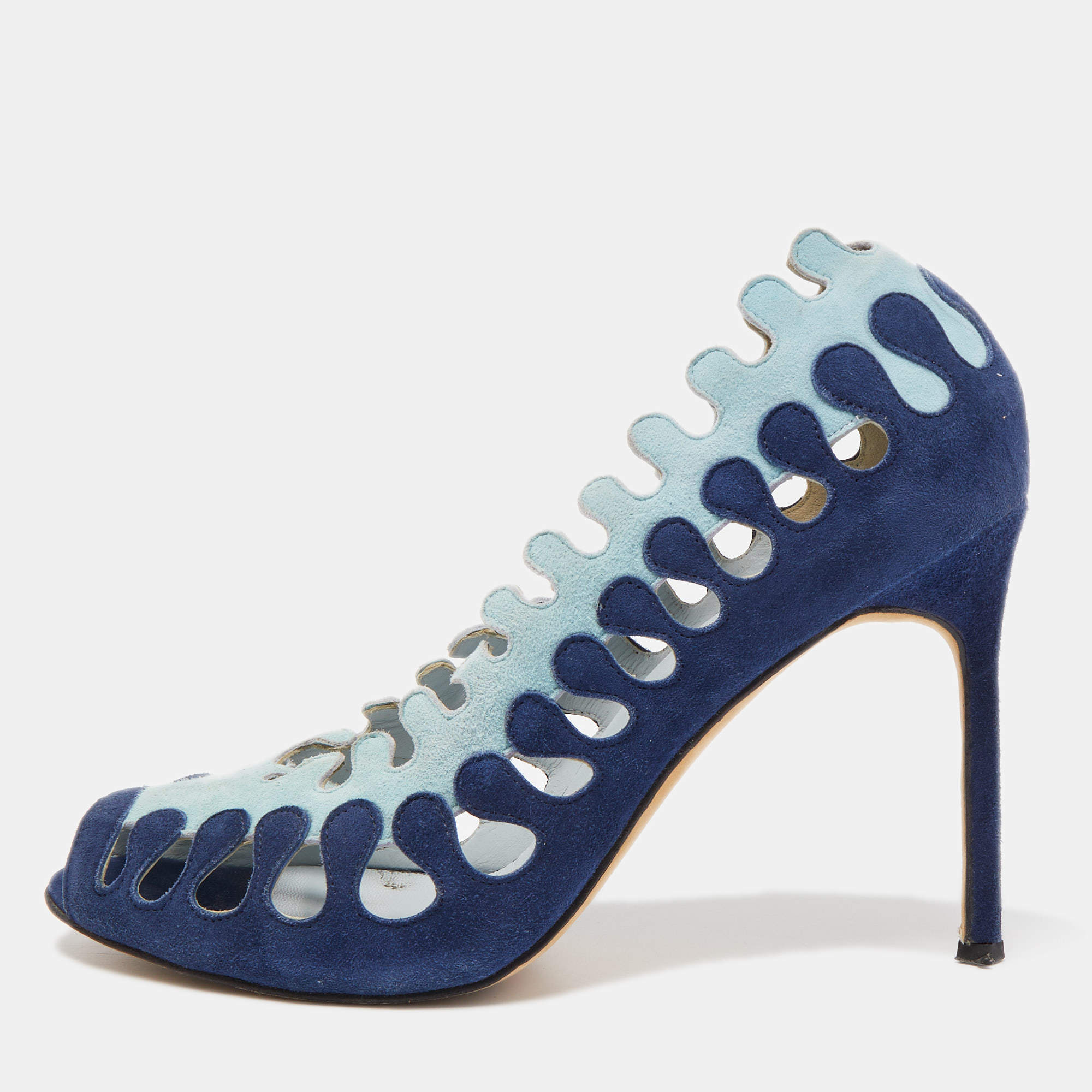 Pre Owned Manolo Blahnik Blue Suede Cut Out Peep Toe Pumps Size 40.5