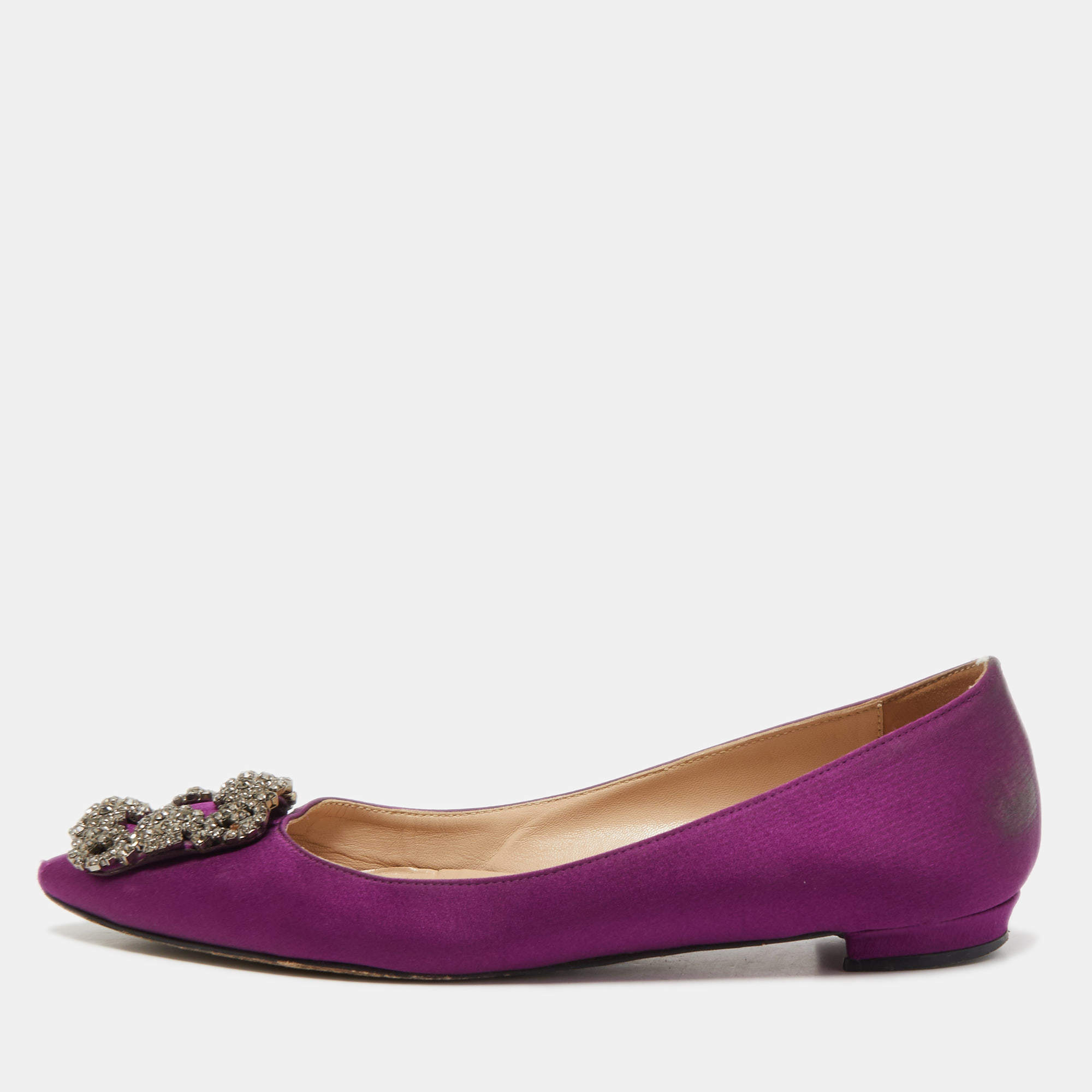Pre Owned Manolo Blahnik Purple Satin Hangisi Ballet Flats Size 35