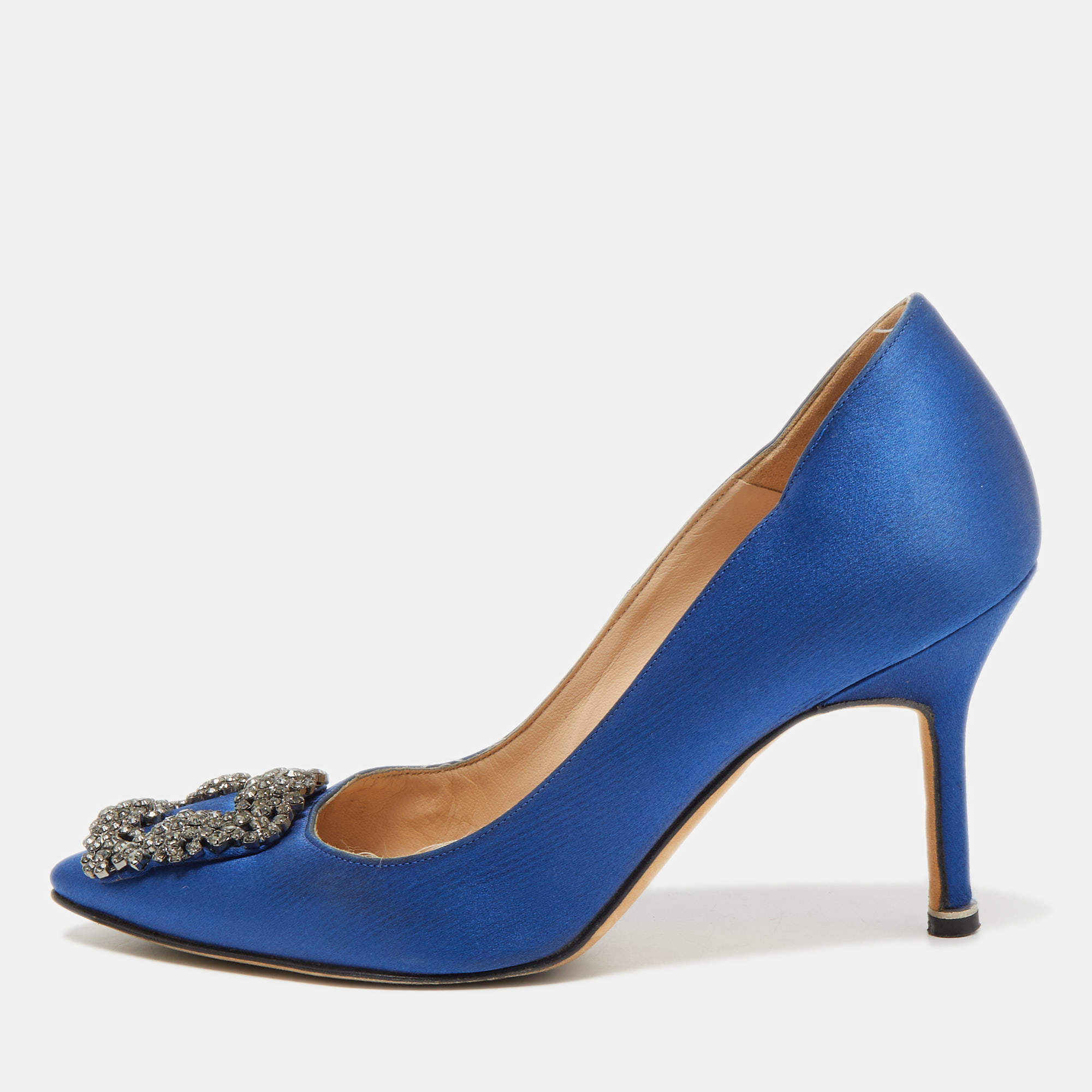 Pre Owned Manolo Blahnik Blue Satin Hangisi Crystal Embellished Pumps Size 35.5