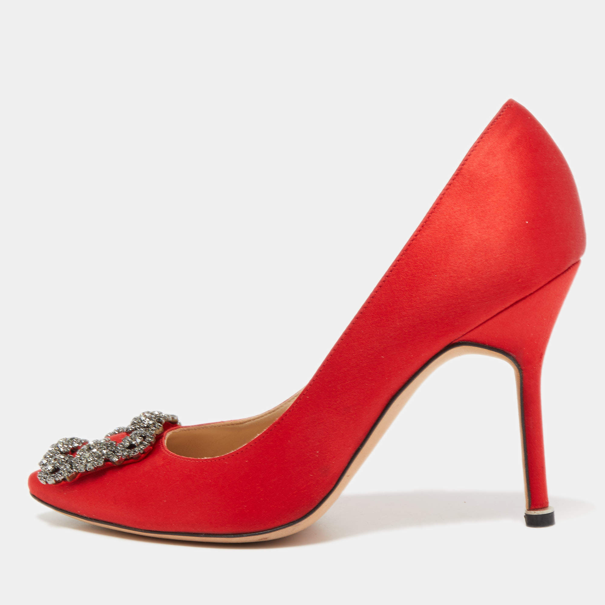 Pre Owned Manolo Blahnik Red Satin Hangisi Pumps Size 36.5