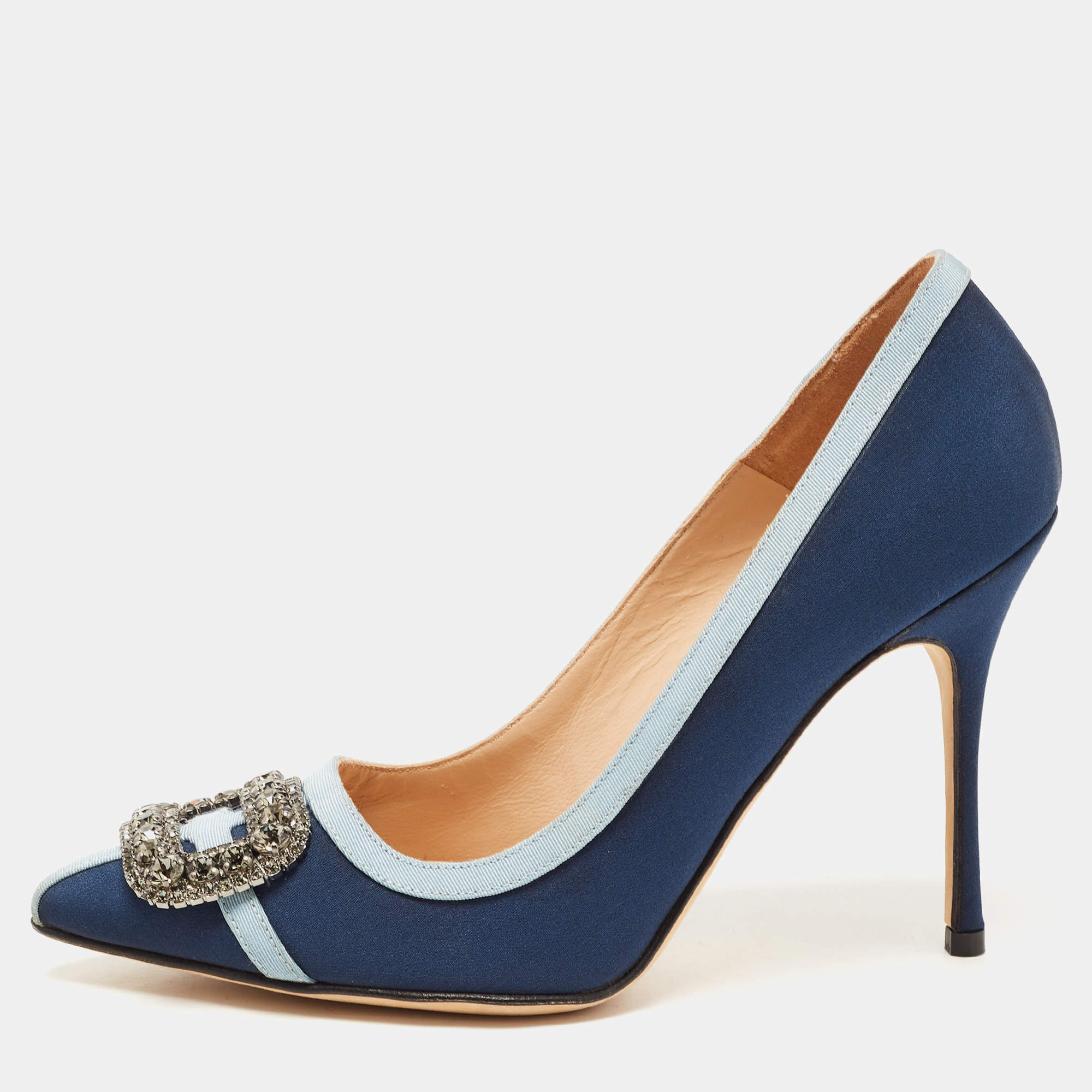 Pre Owned Manolo Blahnik Blue Fabric Gotrian Crystal Embellished Pointed Toe Pumps Size 36.5