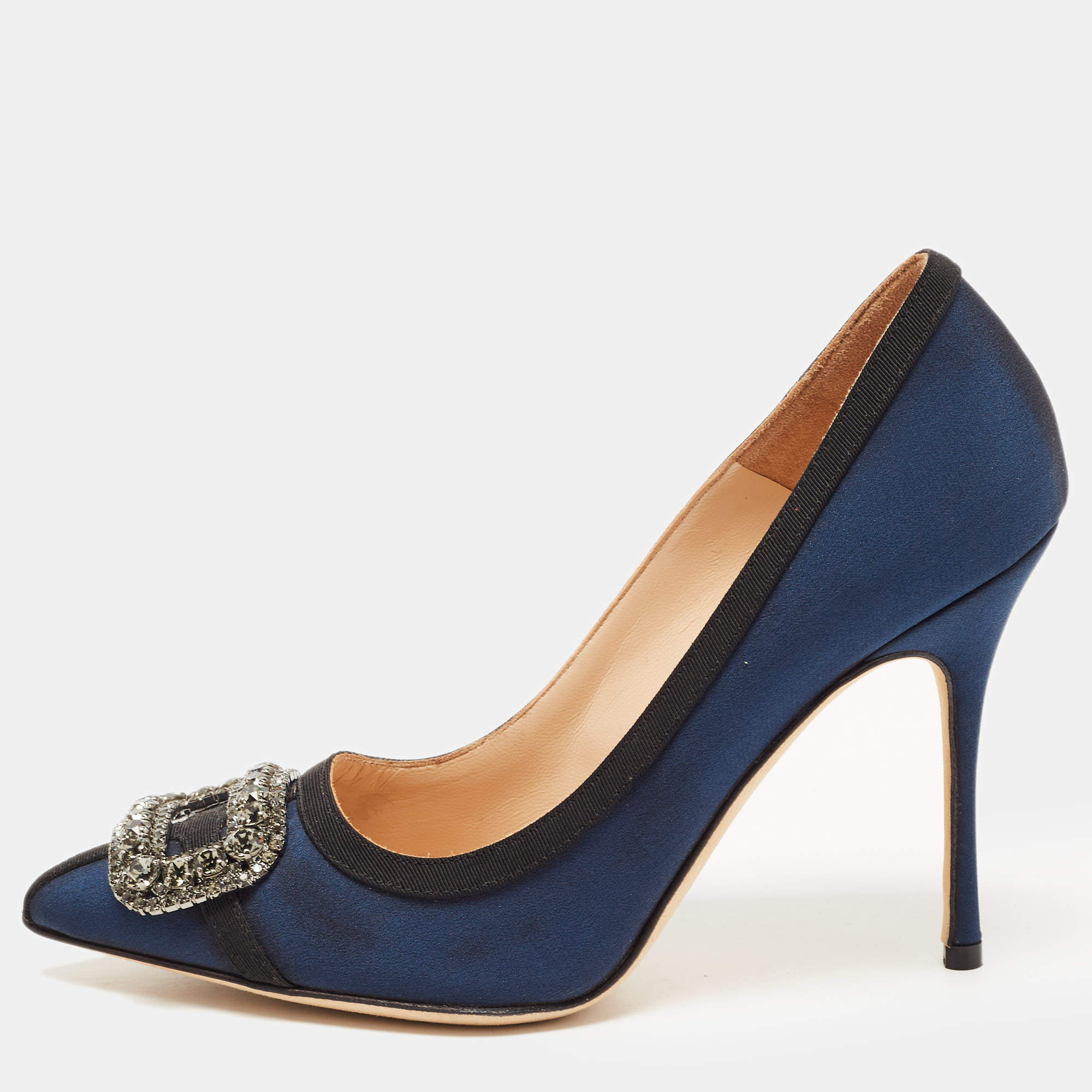 Manolo Blahnik Blue Fabric Gotrian Crystal Embellished Pointed Toe Pumps Size 36.5
