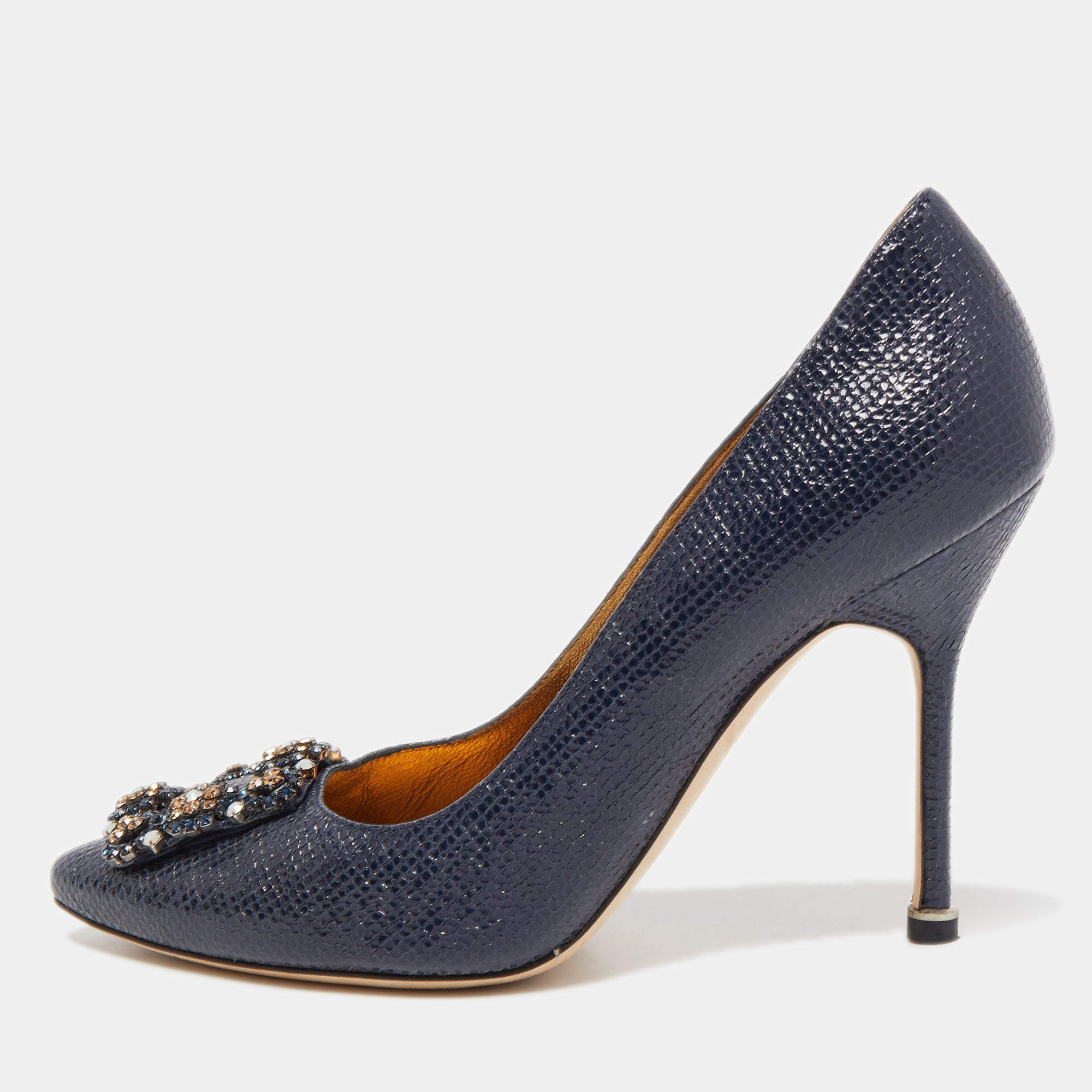 Pre Owned Manolo Blahnik Navy Blue Textured Leather Hangisi Pumps Size 36.5