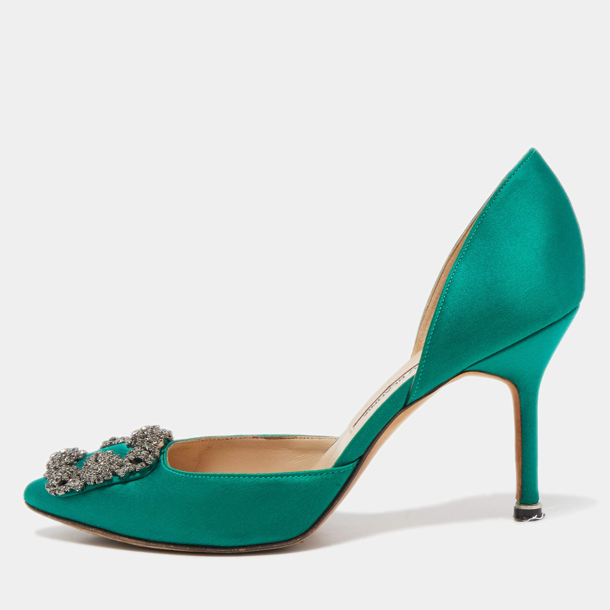 Pre Owned Manolo Blahnik Green Satin D'orsay Pumps Size 37.5