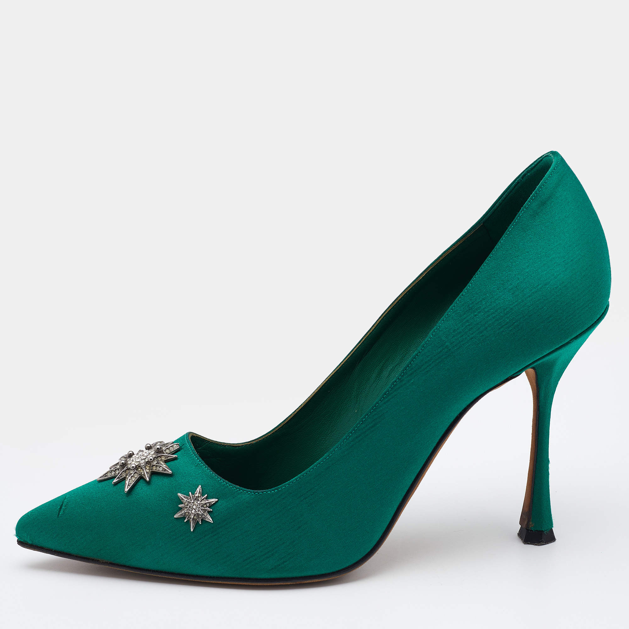 Pre Owned Manolo Blahnik Green Satin Embellished Pointed Toe Pumps Size 37.5