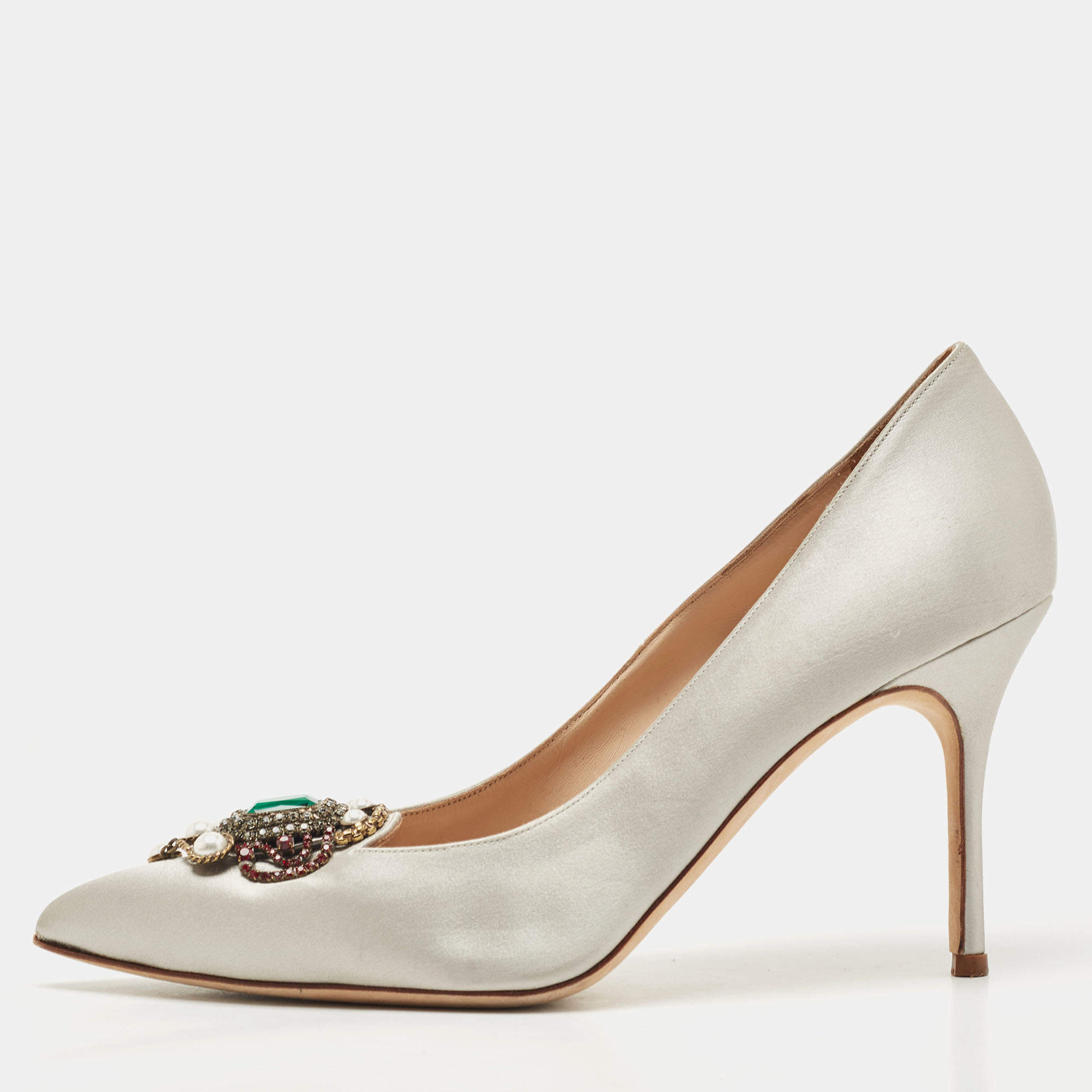 Pre Owned Manolo Blahnik Grey Satin Eufrasia Pumps Size 39.5