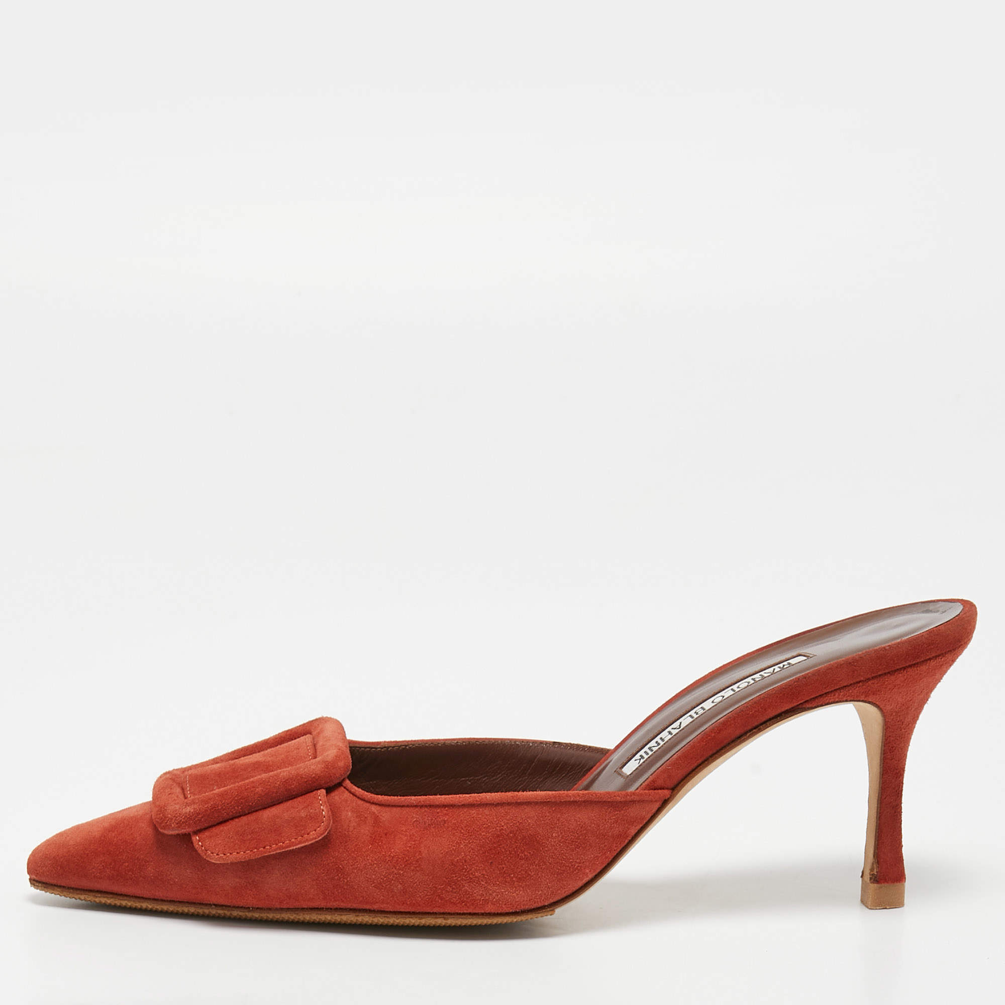 Pre Owned Manolo Blahnik Orange Suede Maysale Mules Size 38.5