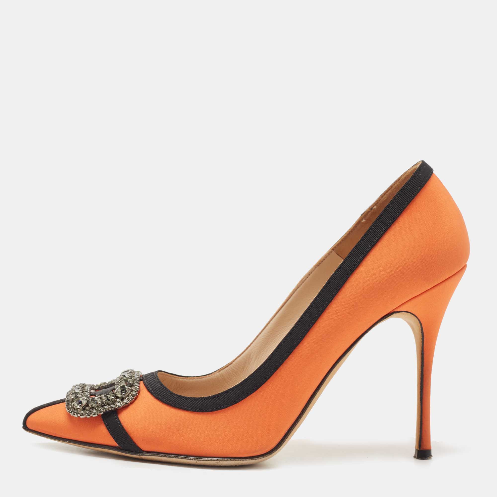Pre Owned Manolo Blahnik Orange Fabric Gotrian Crystal Embellished Pumps Size 38.5