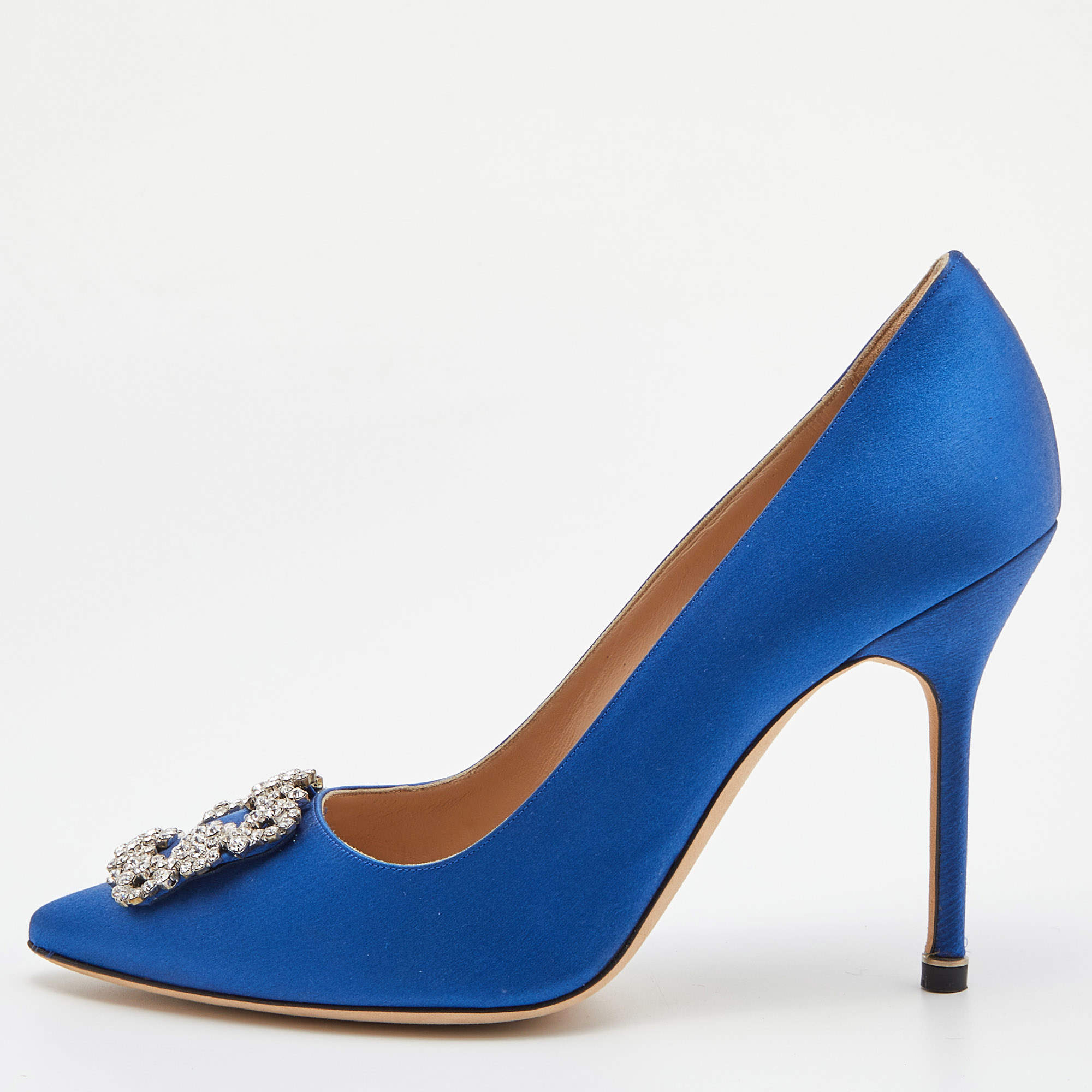 Pre Owned Manolo Blahnik Blue Satin Hangisi Pumps Size 39.5
